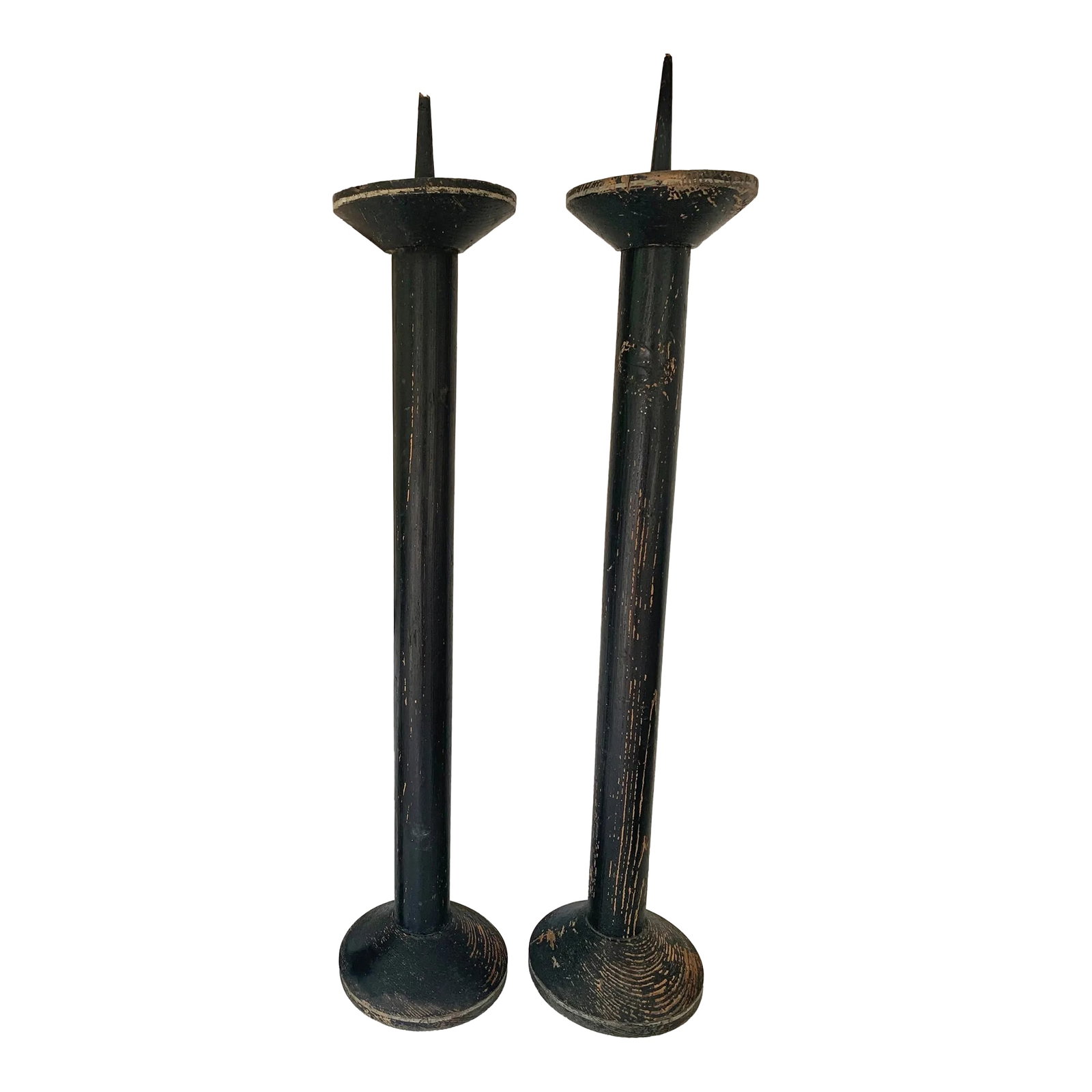 Pair of Antique French Church Candlesticks: Pair of antique French church pillar candlesticks. Pine with original paint, black with faded white trim. Condition: Alterations: Original Condition Unaltered Imperfections: Some Imperfections