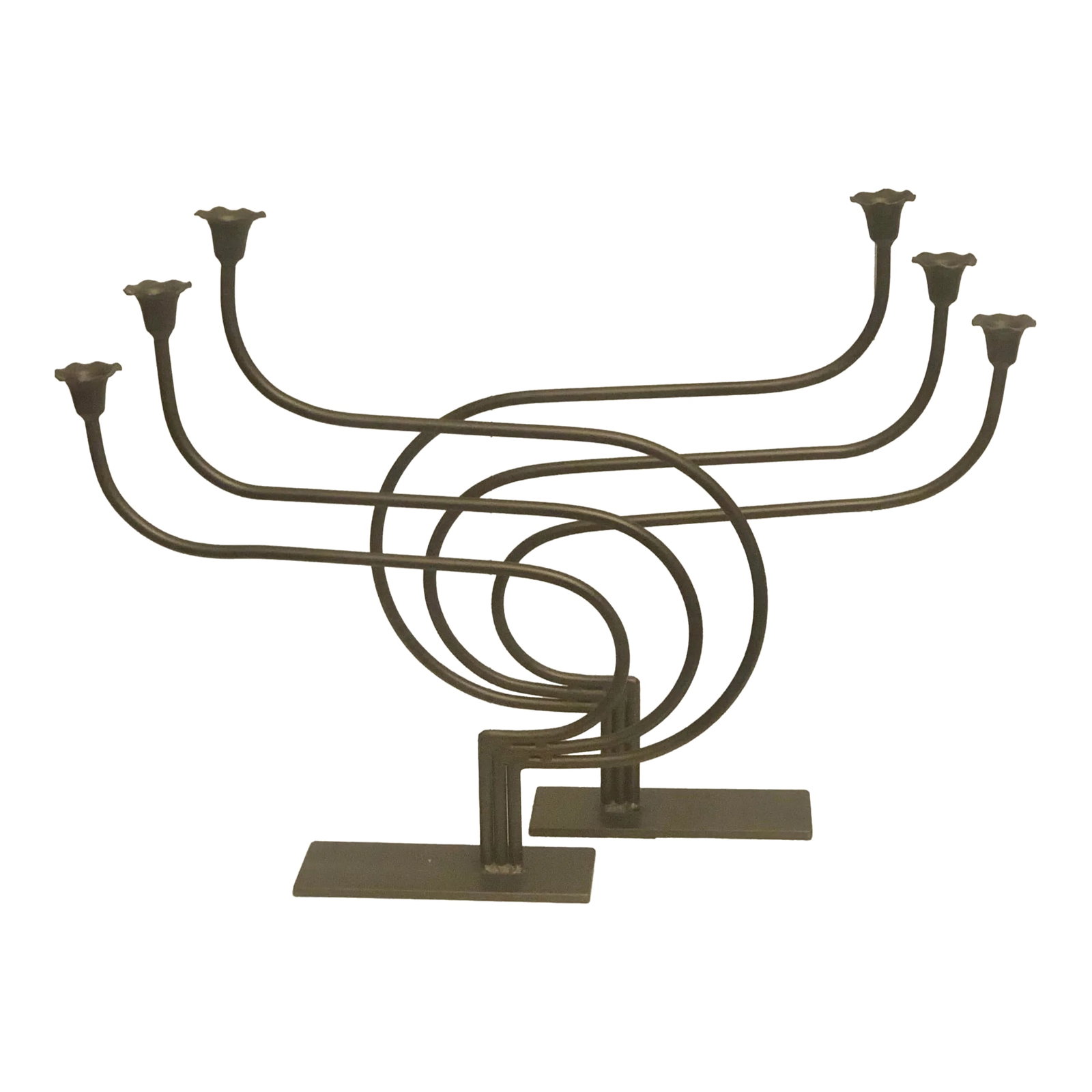 Mid 20th Century Art Nouveau Brass Candelabras - a Pair: Elegant example of Art Nouveau style iron candelabras with this rare pair. Arrange in the style you desire because they are dynamic wherever you place them. Condition: Alterations: Original Condition