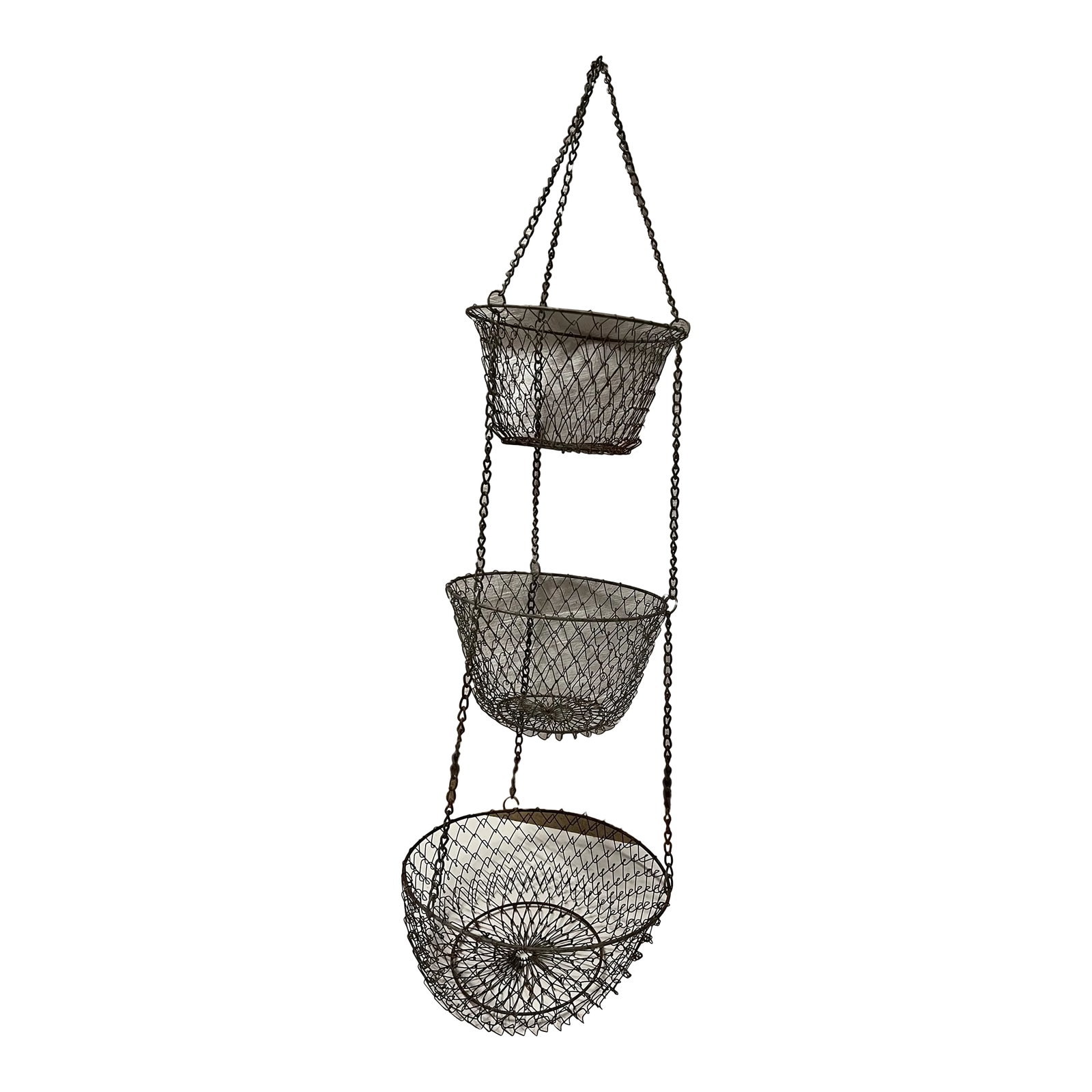 Vintage Collapsible Hanging 3 Tier Metal Baskets: Vintage collapsible hanging baskets. Great for storing vegetables. Measuring 37.5" tall with hook. Has different size baskets. Basket 7.5" diameter x 4.5" deep Basket 8" diameter x 5" deep Basket 9" d