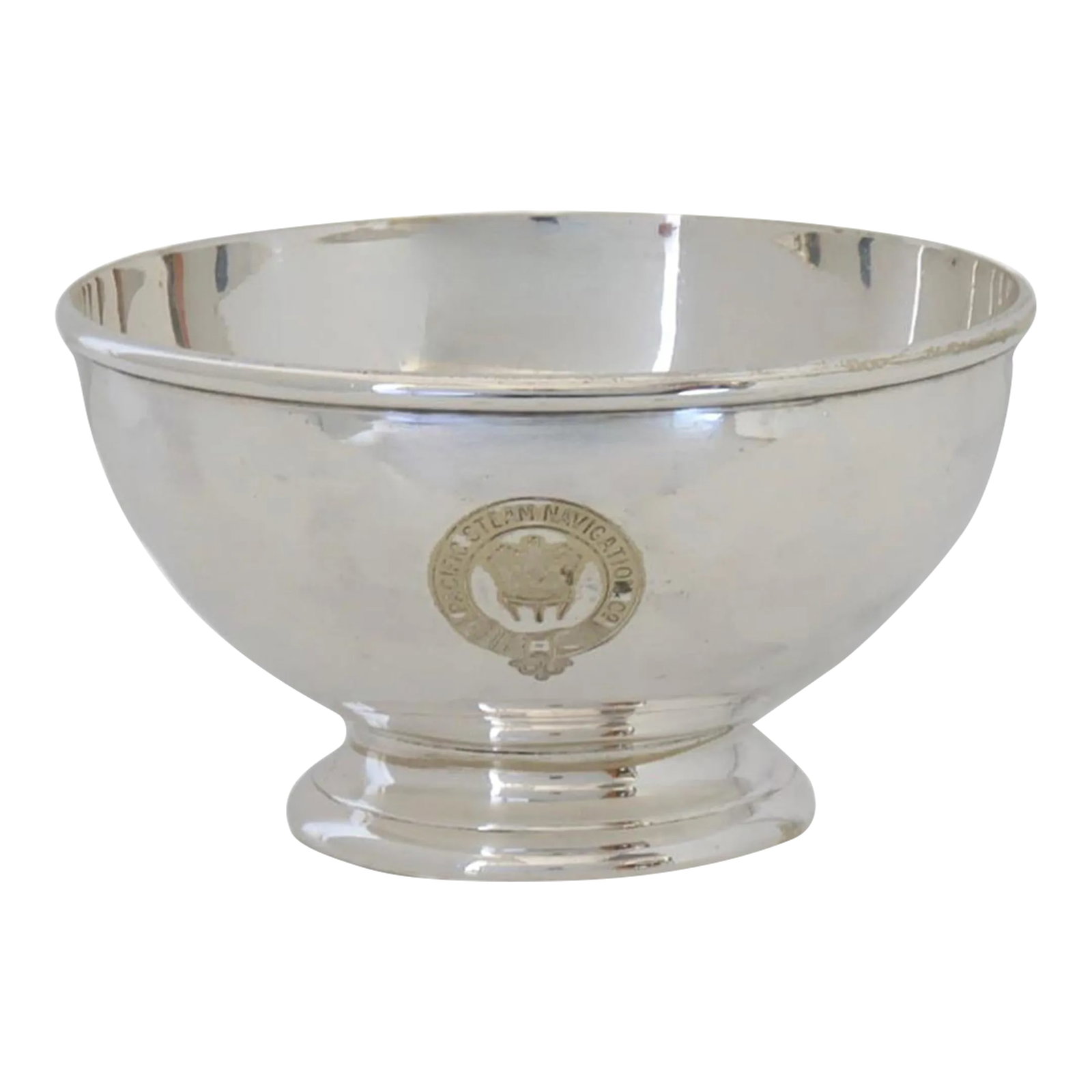 Antique Mappin & Webb for Pacific Steam Navigation Co. Hotelware Snack / Dessert Bowl: This elegant serving bowl, crafted by Mappin & Webb, was commissioned by the Pacific Steam Navigation Co. The bowl features the company's emblem, adding a touch of maritime history to its classic