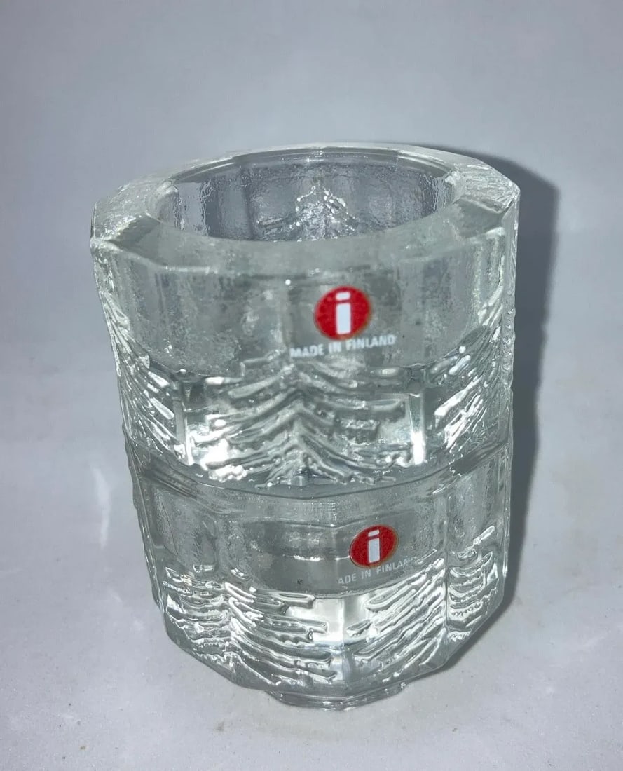 Set of 2 Iittala Design: Jorma Vennola Finland Kuusi / Fir Pine Tree Clear Glass Candle / Votive Hol - 2