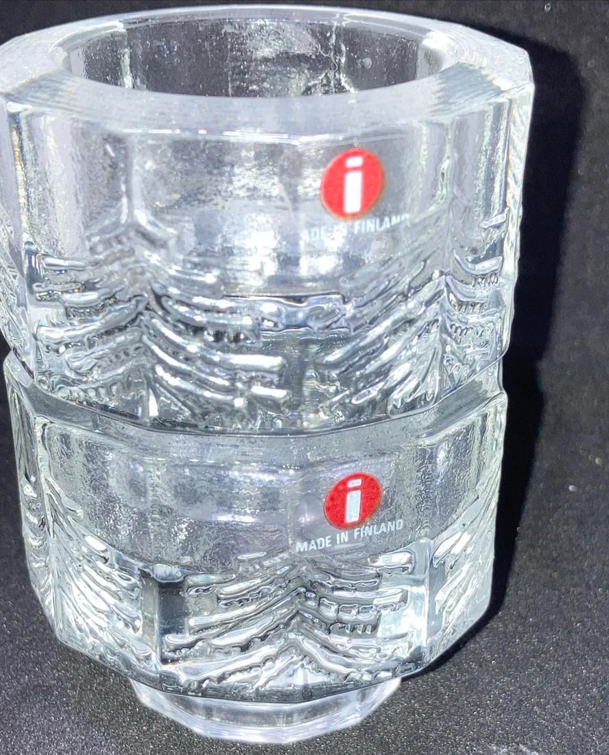 Set of 2 Iittala Design: Jorma Vennola Finland Kuusi / Fir Pine Tree Clear Glass Candle / Votive Hol - 4