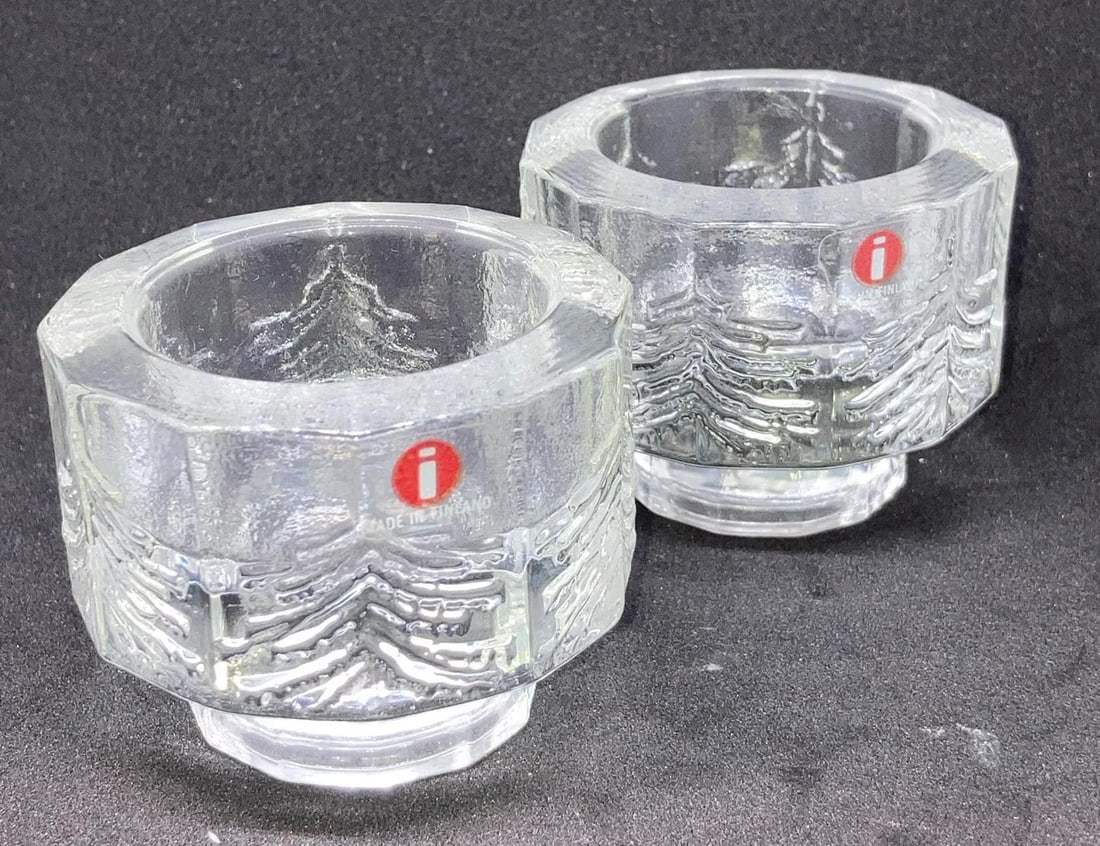Set of 2 Iittala Design: Jorma Vennola Finland Kuusi / Fir Pine Tree Clear Glass Candle / Votive Hol - 5