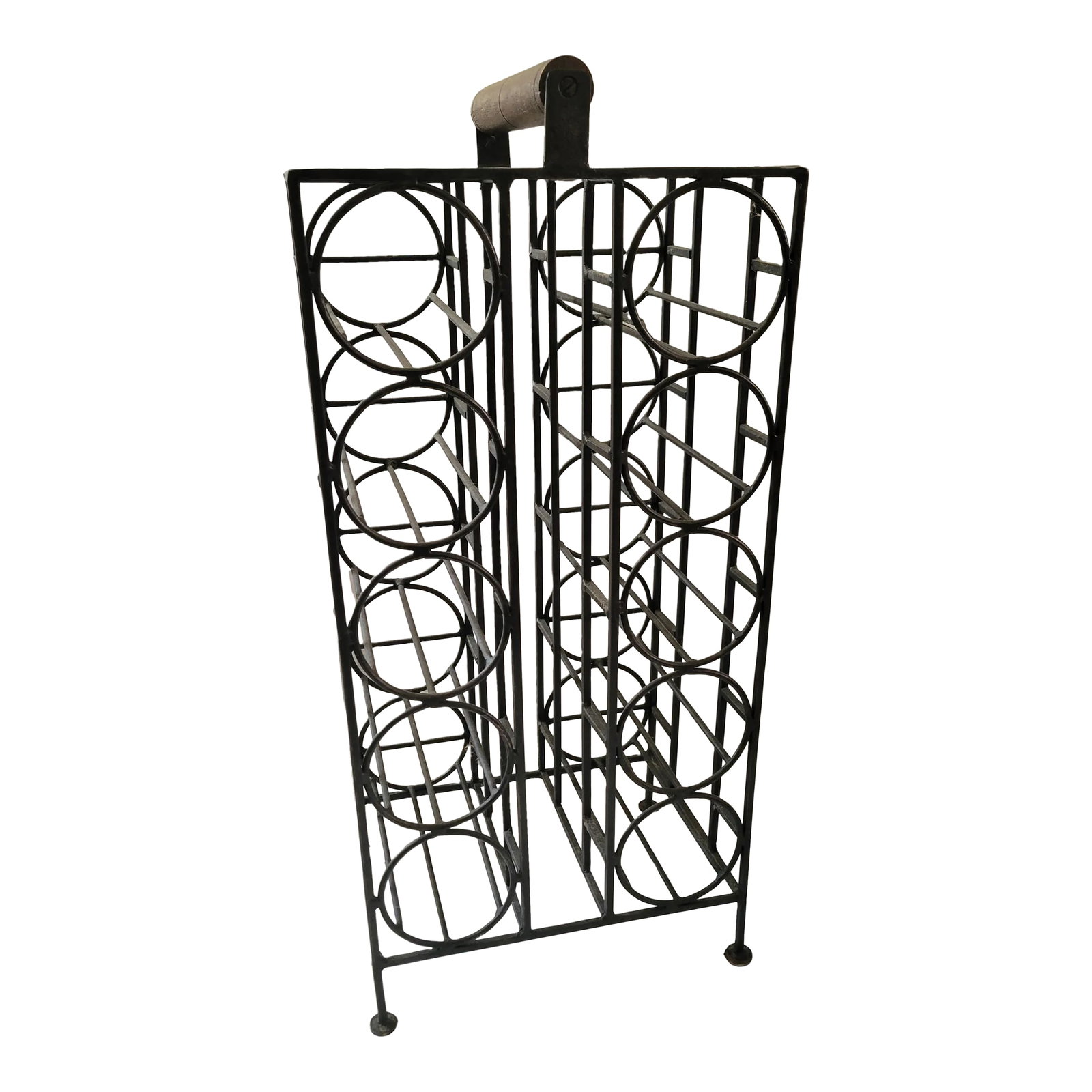 1970s Vintage Industrial Wrought Iron Wine Rack: Heavy Duty Industrial Modern Wine rack. In the style of Shaver Howard, Umanoff. Solid welded metal with a wooden handle. Great to use outdoors or in. Holds 10 wine bottles! No markings or labels, but