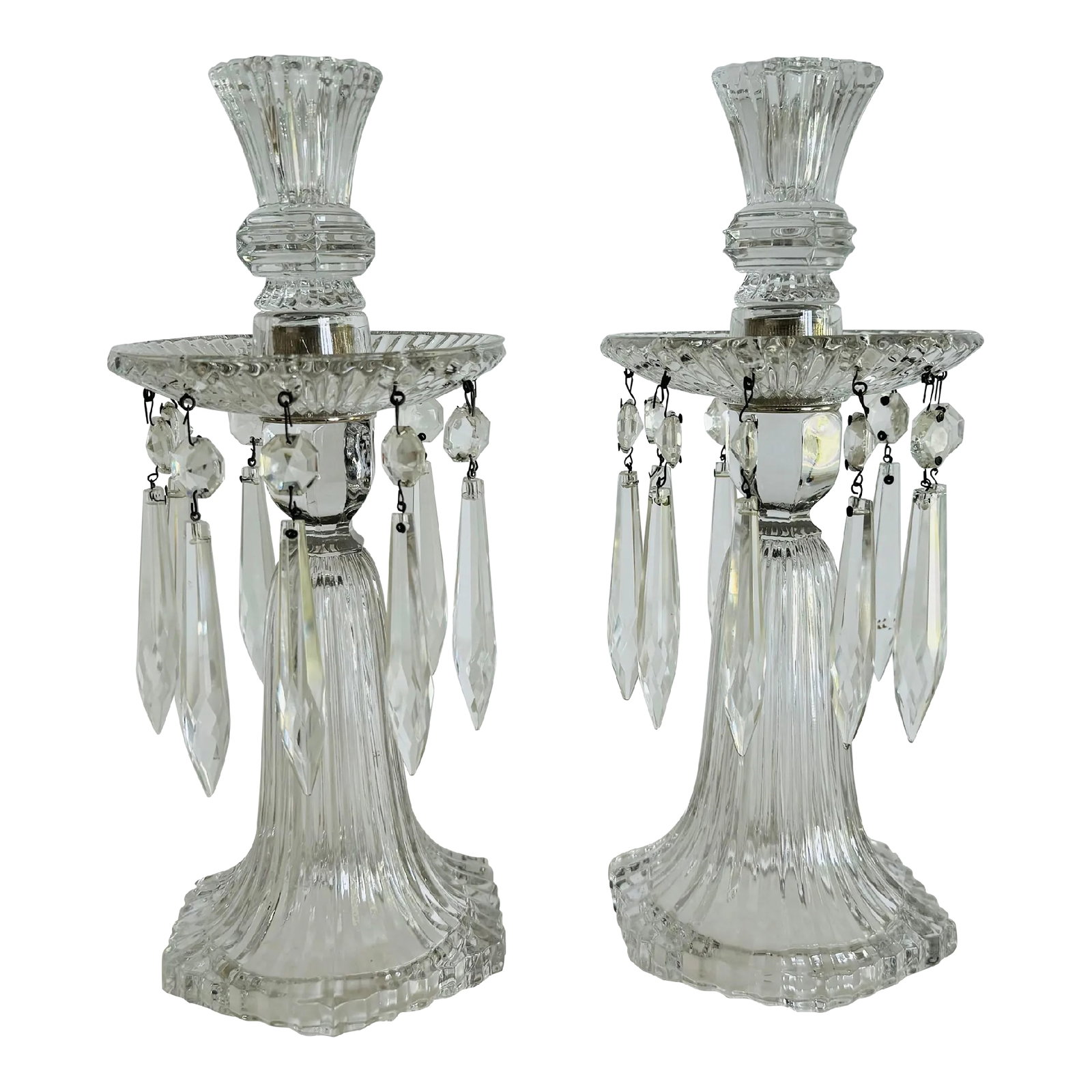 Vintage 1930s Art Deco Glass Candelabra's With Prisms, a Pair: Vintage 1930s Art Deco Glass Candelabra's With Prisms, a Pair. Designed by Heisey Glass Company of Ohio. They are both marked and come with all the prisms. The pattern name is Ridgeleigh. Condition: