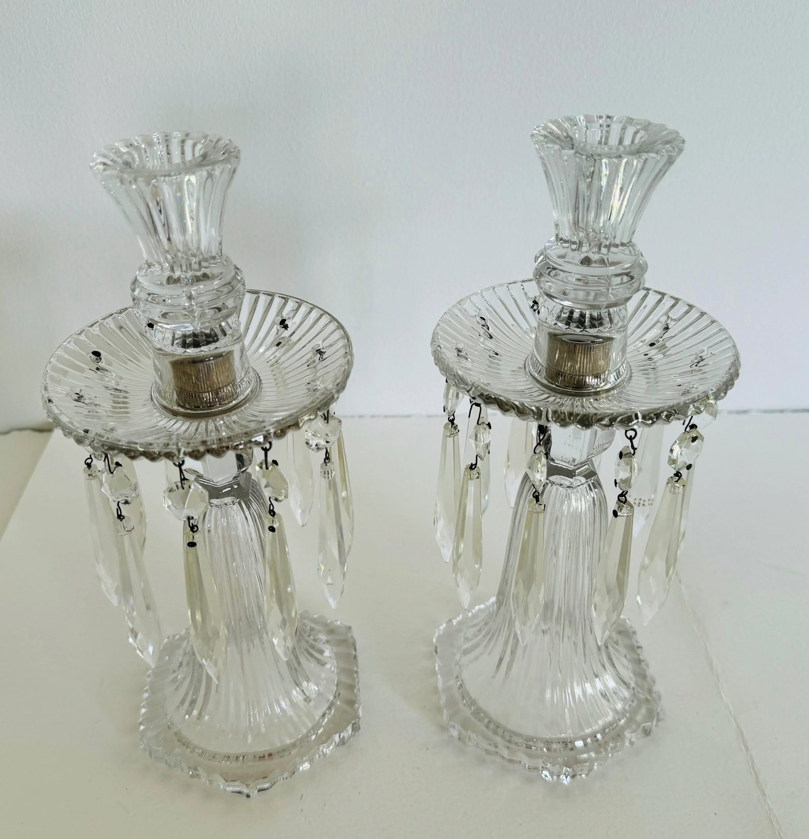 Vintage 1930s Art Deco Glass Candelabra's With Prisms, a Pair - 2