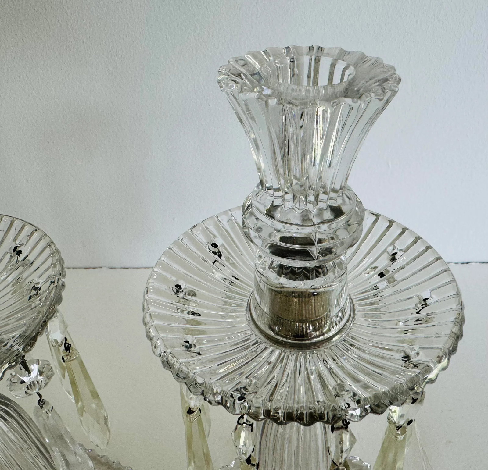 Vintage 1930s Art Deco Glass Candelabra's With Prisms, a Pair - 3