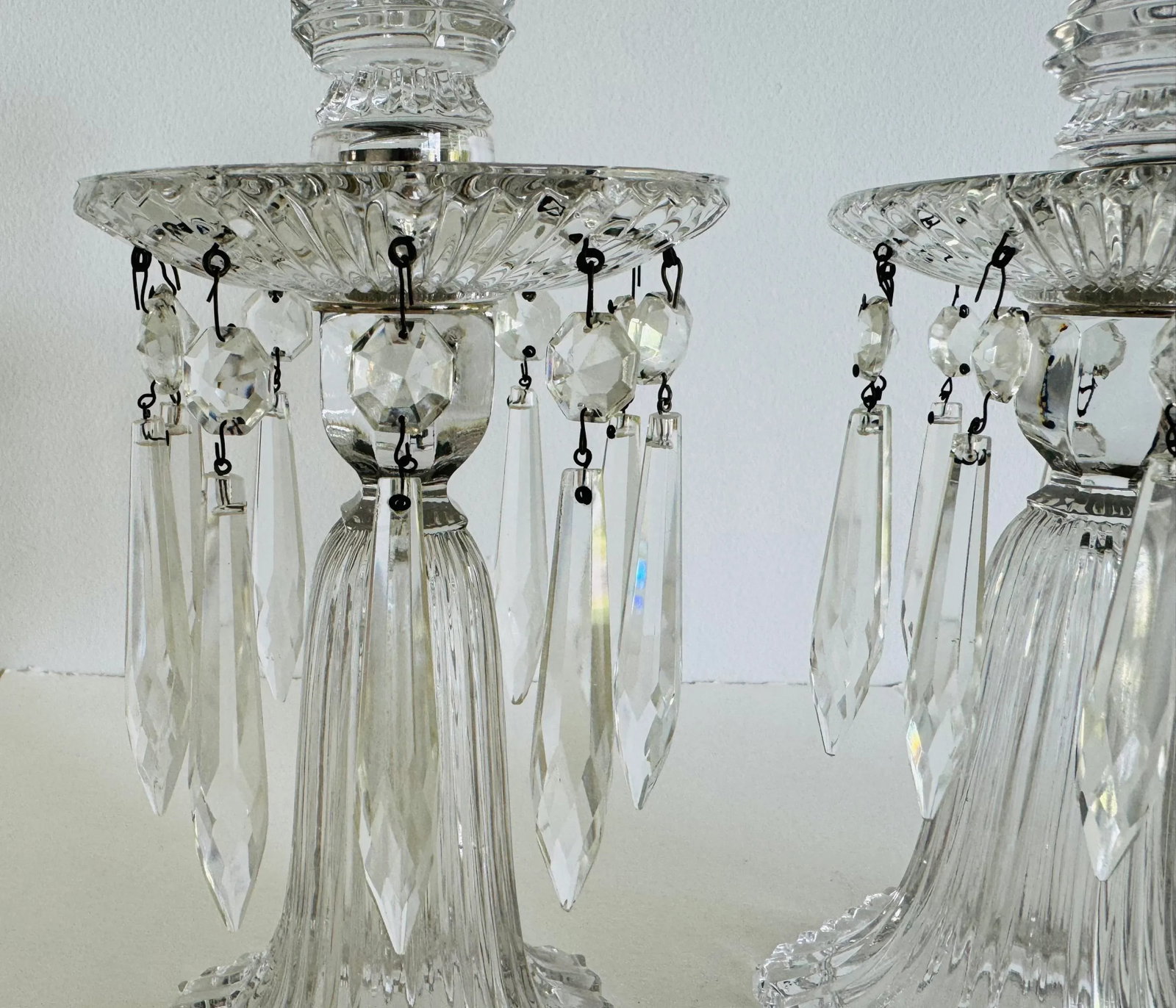 Vintage 1930s Art Deco Glass Candelabra's With Prisms, a Pair - 6