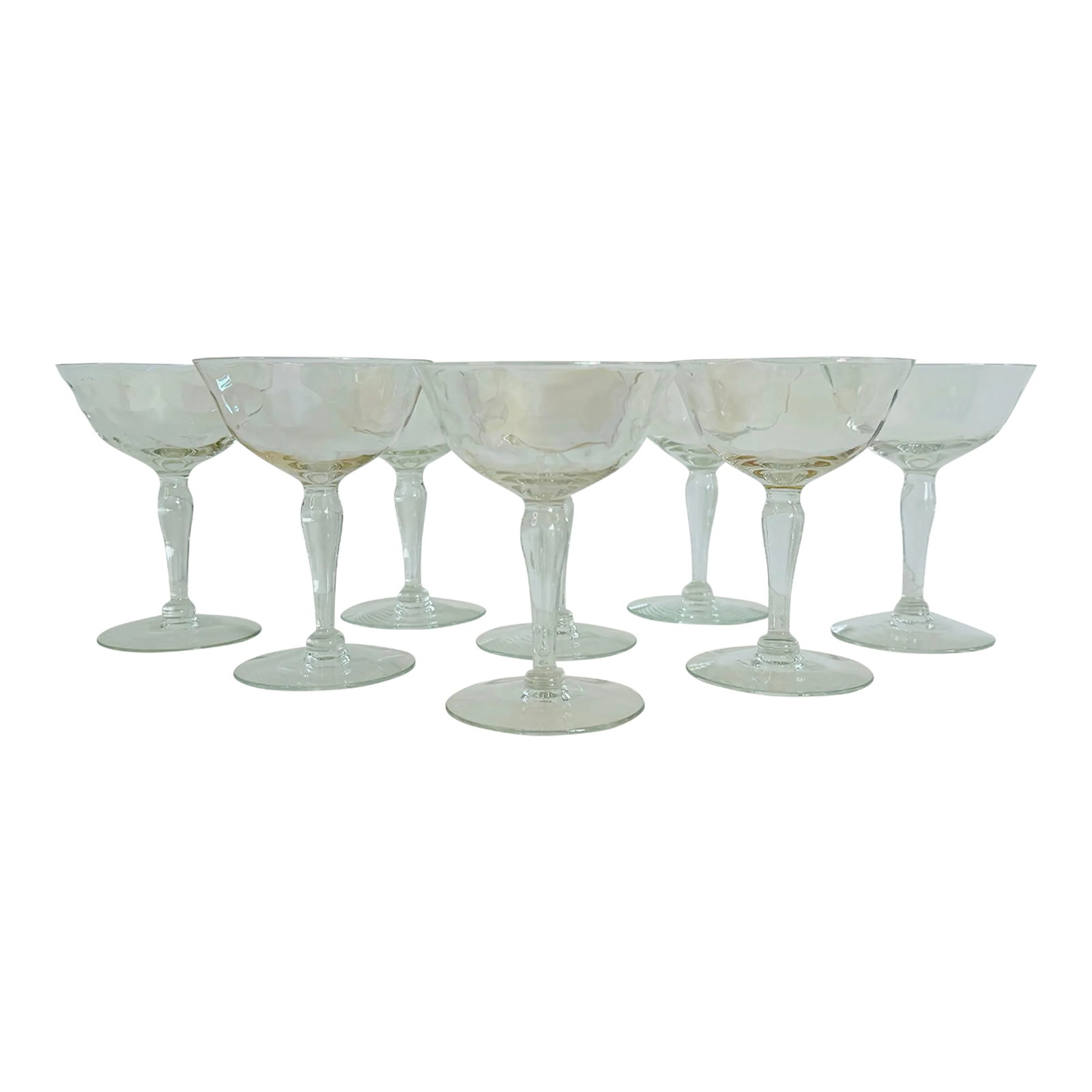 Vintage 1950s Gold Iridescent Glass Coupes- Set of 8: Vintage 1950s gold iridescent glass coupes, set of 8. Beautiful light gold iridescence to the glass. No marks. Condition: Alterations: Original Condition Unaltered Imperfections: Some Imperfections