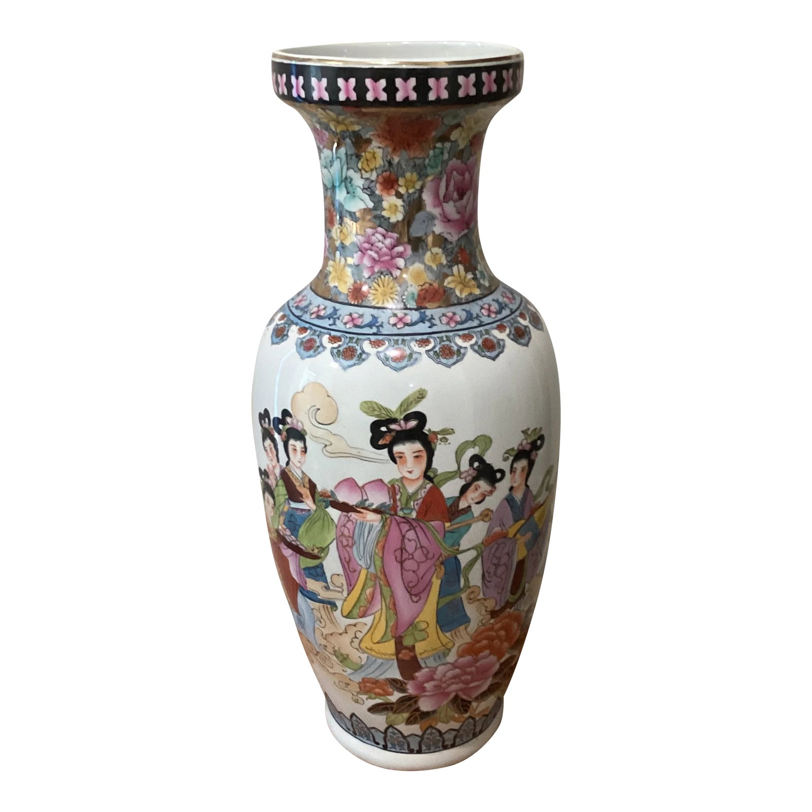 Mid 20th Century Chinese Famille Rose Hand Painted Porcelain Vase: Mid Century Chinese Famille Rose Hand Painted Porcelain Vase 24" Crafted from high-quality porcelain, this vase is durable and long-lasting, ensuring that it will remain a treasured item for years to
