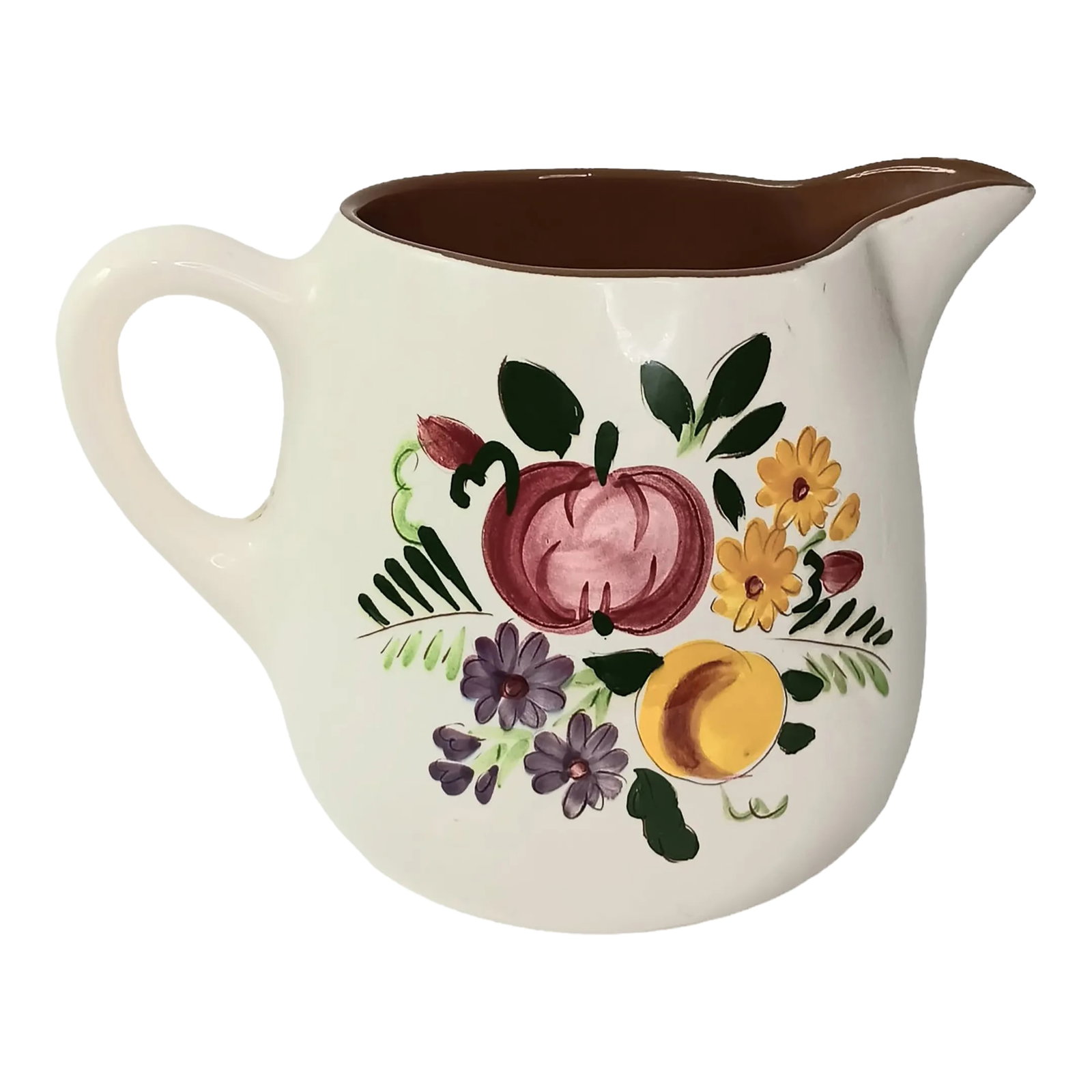 Vintage Stangl Handpainted Pitcher Fruit and Flowers: Vintage Stangl Handpainted Pitcher Fruit and Flowers 64 Oz Approximately 6" x 9" Very good vintage condition. No chips or cracks. Condition: Alterations: Original Condition Unaltered Imperfections: