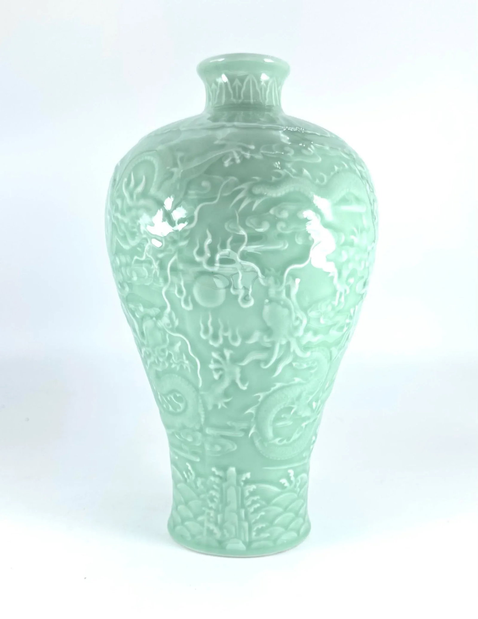Pale Celadon Dragon Decorated Meiping Vase - 2
