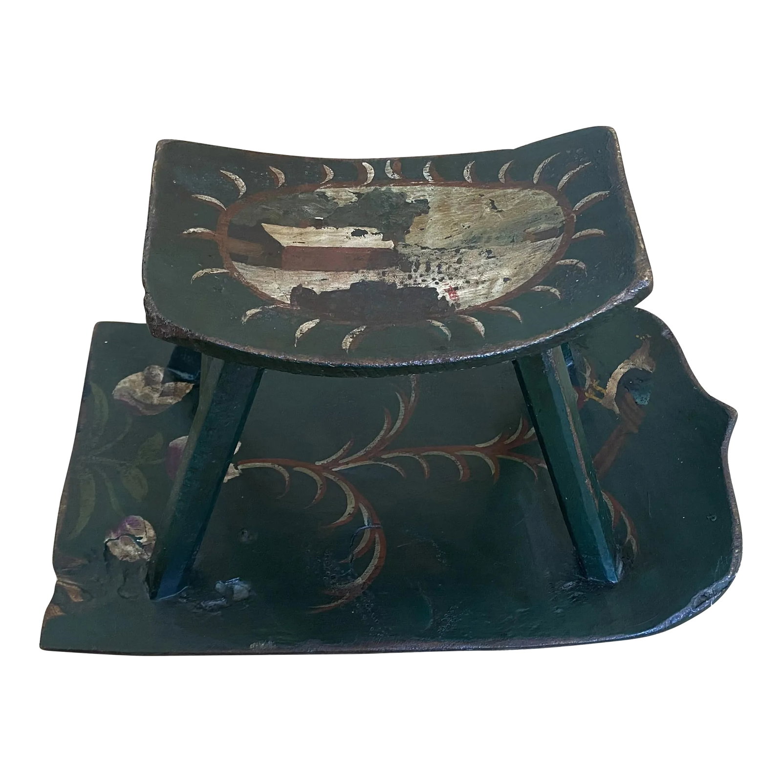 Vintage Hand Carved Sleigh: This charming small green wooden antique sleigh captures the timeless spirit of vintage craftsmanship. Crafted with care and attention to detail, this delightful piece features a beautiful green