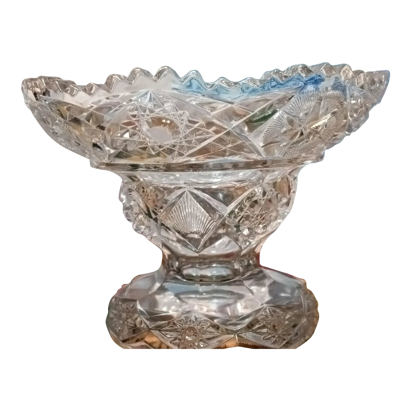 Antique Eapg McKee Punch Bowl Base: Beautiful early American McKee Yutec design punch bowl Base. EAPG was made from 1850-1919. The base stands 5 3/8" tall, about 4" in diameter and 7 1/2" at it's widest point. It has a sawtooth edge &