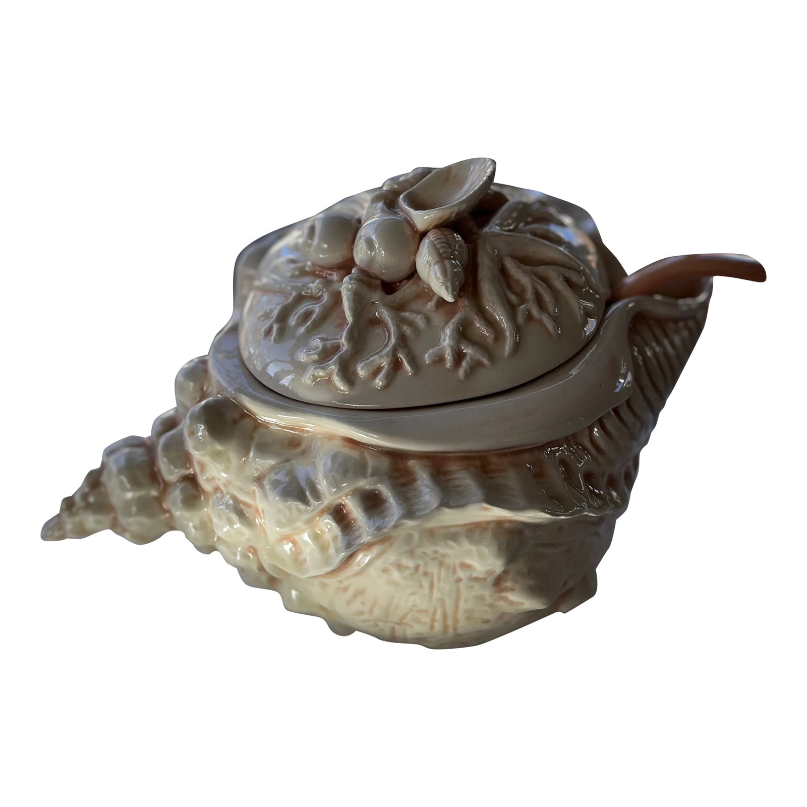 Late 20th Century Conch Shell Ceramic Soup Tureen With Ladle: Vintage 1980's Crest mold soup tureen and matching ladle in the shape of a conch shell. Must have been a custom piece as it was etched with "To Kat & Alan Love Barbara &Thom" prior to glazing and