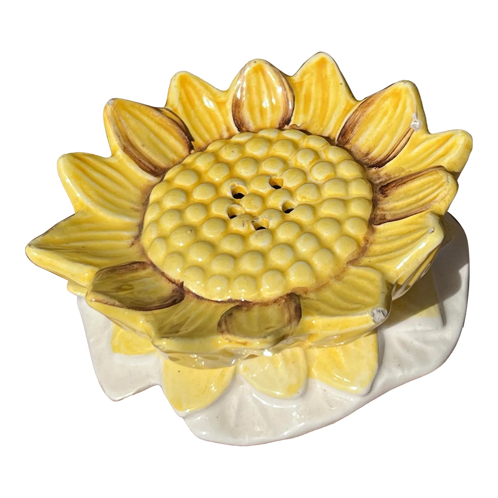 Mid Century Ceramic Sunflower Shaker: Vintage ceramic shaker. Ceramic yellow sunflower. Marked on the bottom Sears & Roebuck. Use for cheese, sugar, Salt or pepper. Condition: Alterations: Original Condition Unaltered Imperfections: Some