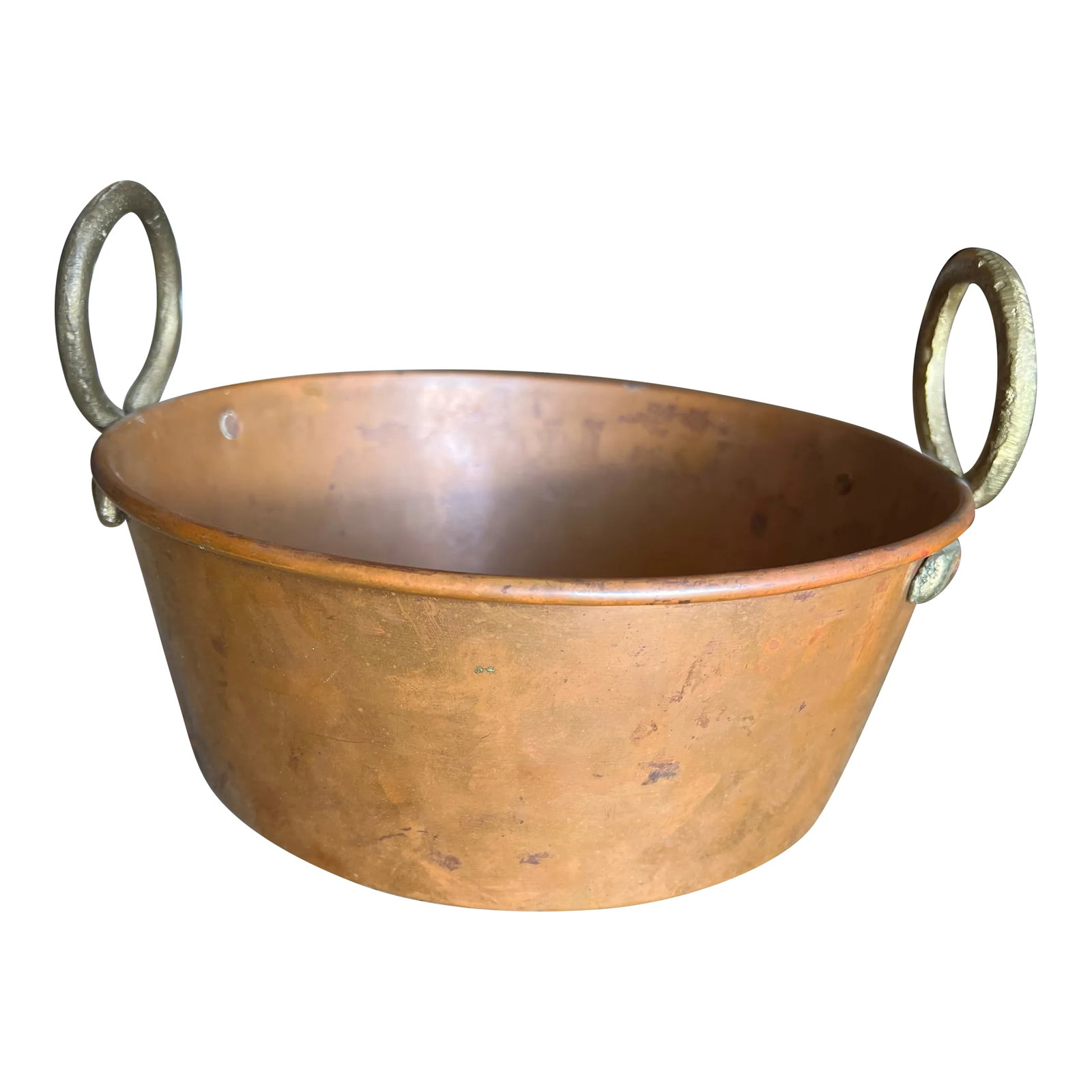 Vintage French Style Copper Pot: French copper pot measuring 11.5" in diameter. The height of the pan is 4.25" deep. There are 2 brass circular handles 7". Use for cooking in the kitchen , center piece or display. Condition: Alterati