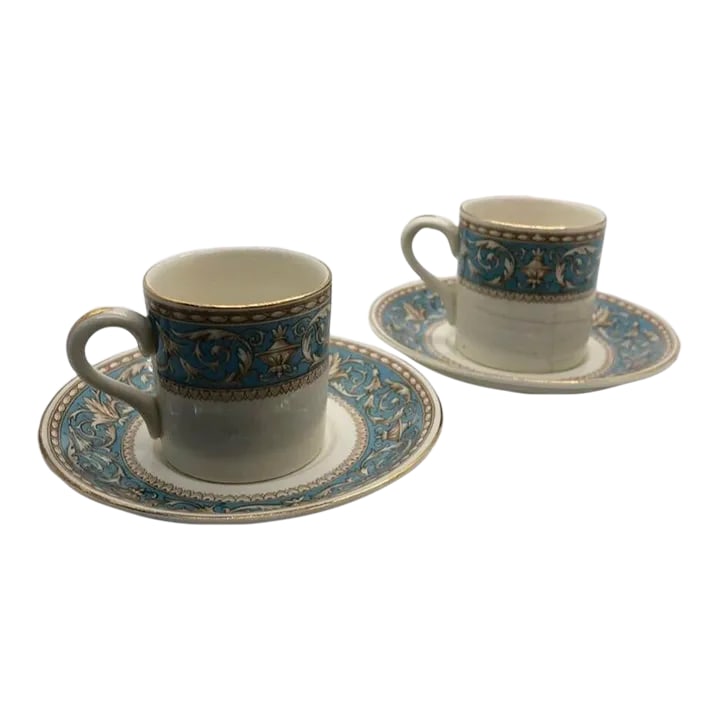 Vintage Crown Ducal Ware Pair of Demi-Tasse Tea Cups & Saucers- England "Atlanta" Pattern- 4 Pieces: Antique Crown Ducal Atlanta Teacup And Saucer Pair in Turquoise And Gold Crownware. In excellent condition! Condition: Alterations: Original Condition Unaltered Imperfections: Some Imperfections Condi