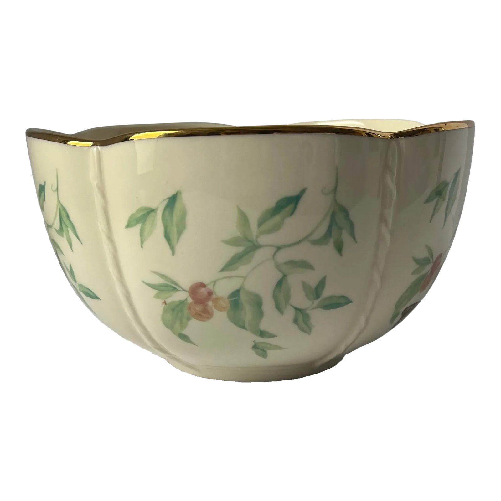 Lenox "Morningside Cottage" Botanical Porcelain Serving Bowl With 24kt Gold Rim: A classic Lenox porcelain serving bowl from the Morningside Cottage pattern, featuring delicate trailing vines, berries, and a butterfly motif on warm ivory porcelain. The softly scalloped form and