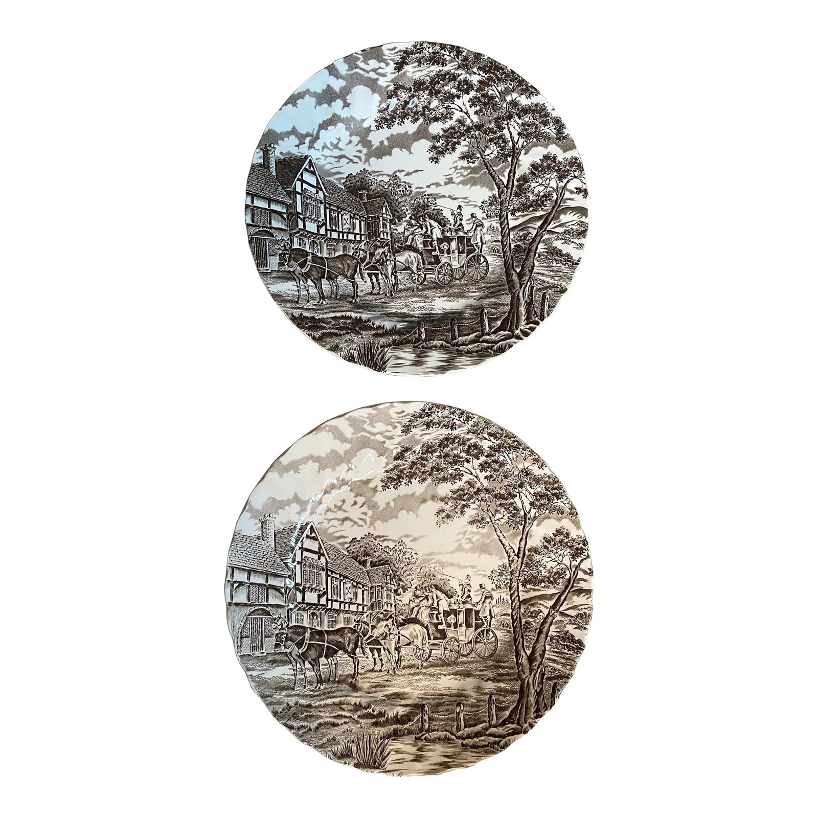 Vintage Myott Staffordshire Royal Mail Brown & Whit Dinner Plates- Set of 2: 2 Myott Staffordshire Royal Mail Brown and white dinner plates, they measure 9 7/8 inches, please look at the back stamp. These are the white background not the cream, made in England, no cracks, or
