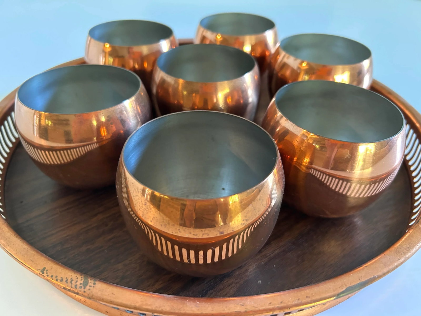1970s Coppercraft Guild Vintage MCM Copper Roly Poly Tumblers Cups and Tray --Set of 8 - 2