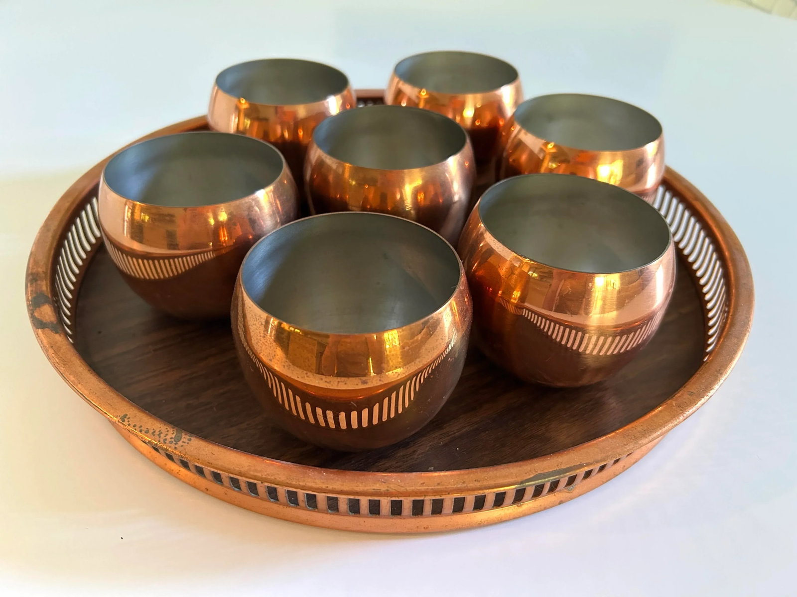1970s Coppercraft Guild Vintage MCM Copper Roly Poly Tumblers Cups and Tray --Set of 8 - 7
