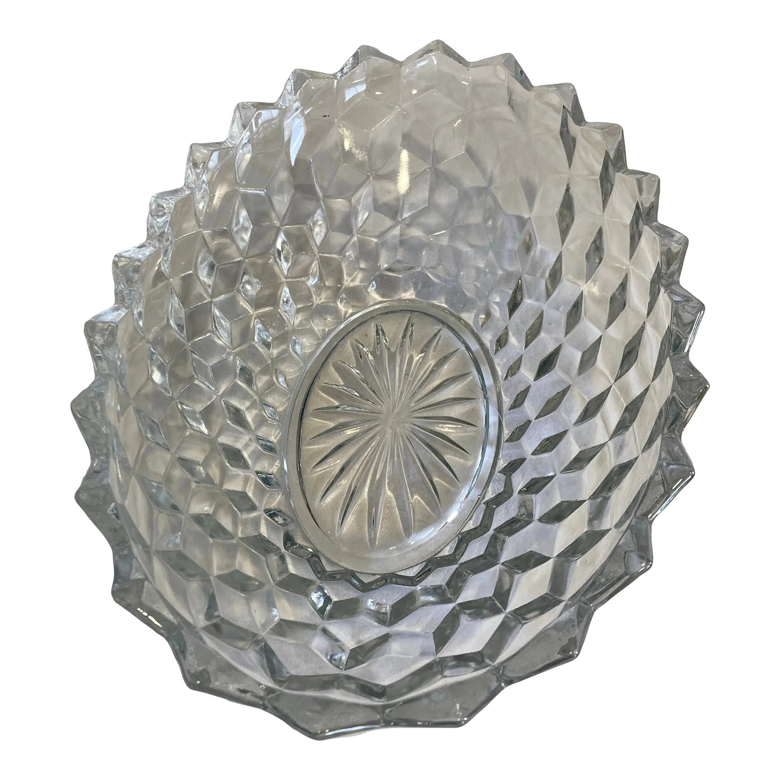Antique Fostoria American Cubist Oval Serving Bowl: Truly lovely with cubist edge and traditional Fostoria starburst in the middle. Excellent condition . Condition: Alterations: Original Condition Unaltered Imperfections: Some Imperfections Condition