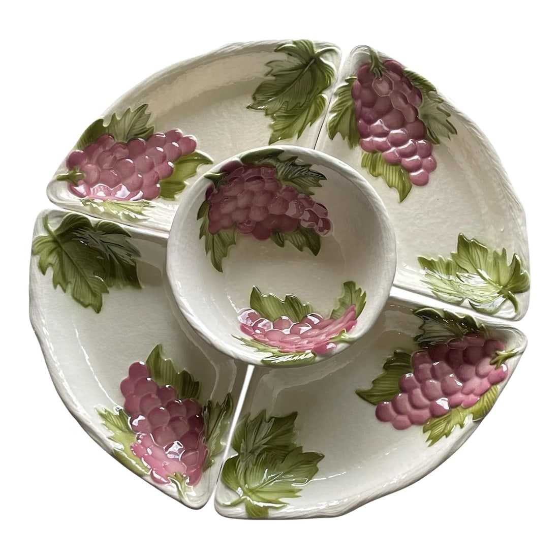 Mid Century Maddux of California Pottery Large Serving Tray Lazy Susan: Mid Century California pottery serving set with lazy susan from Maddux. Raised grapes and leaves lay across an off white background. Gorgeous vintage condition. All are marked Maddux of California