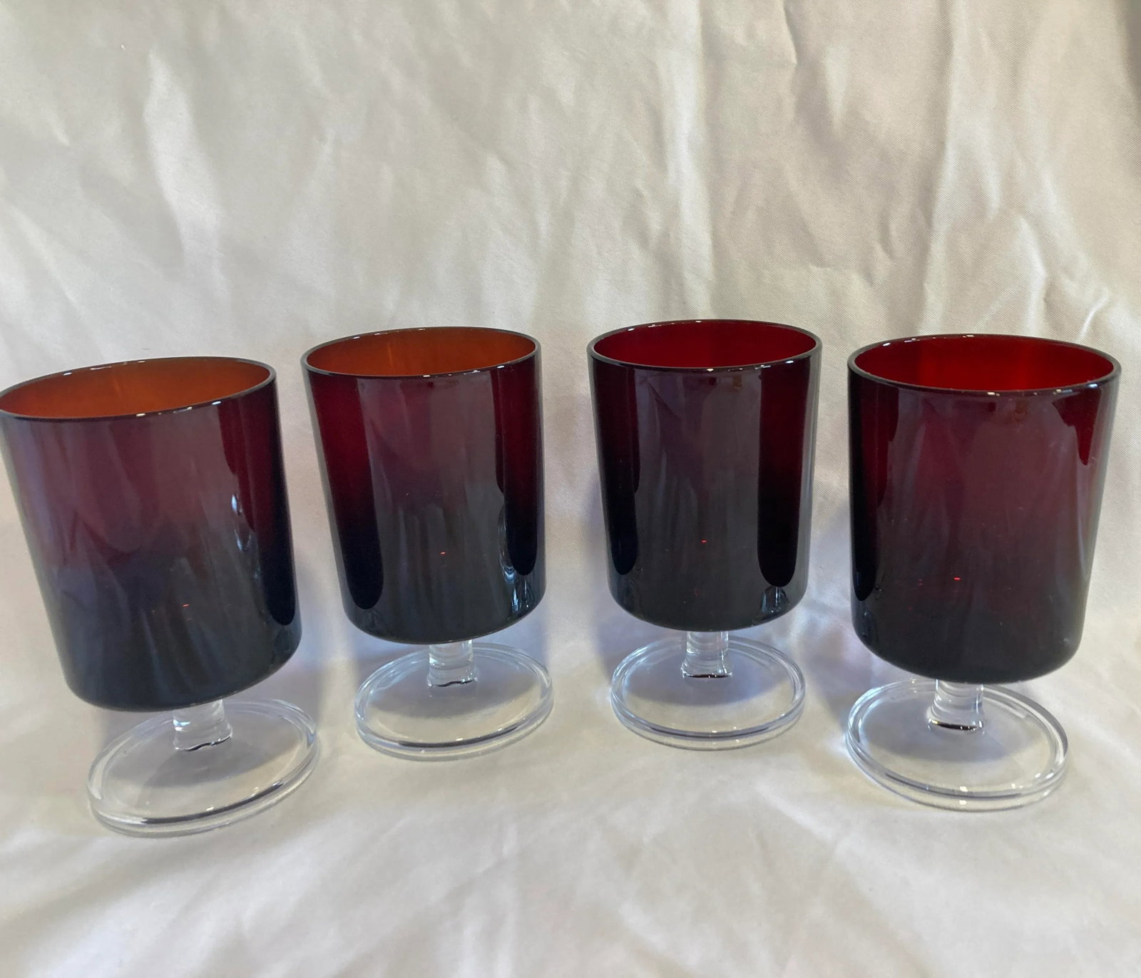 Mid-Century French Ruby Red Footed Glasses With Transparent Stems- Set of 4 - 2