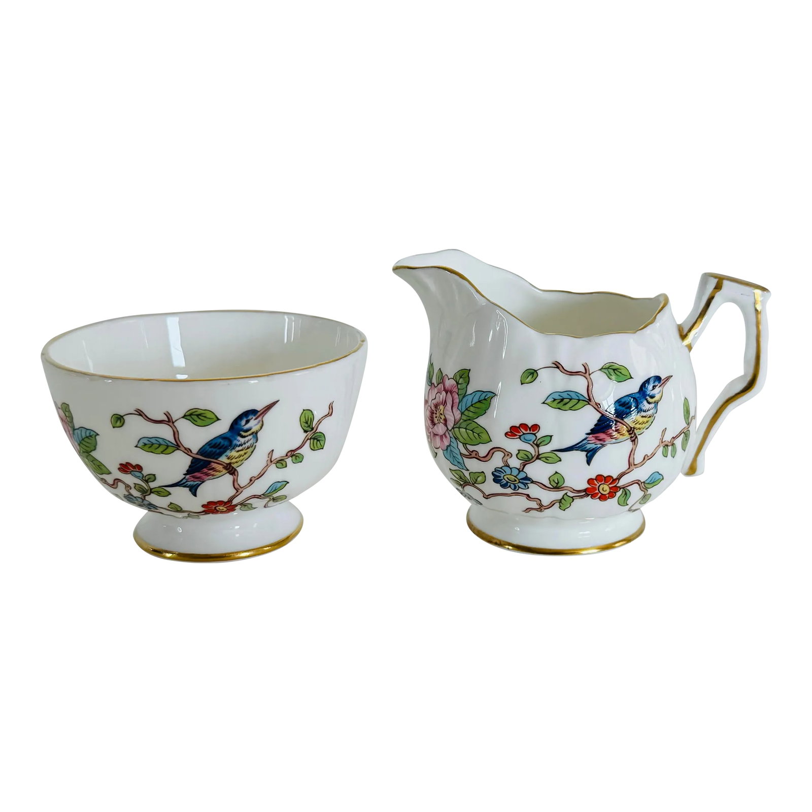 Vintage 1960s Aynsley England Small Sugar & Creamer Set: Vintage 1960s Aynsley England Small Sugar & Creamer Set. A beautiful set depicting a bird on a branch with flowers. Both have a gold trim on the edge. Marked underneath. Condition: Alterations: