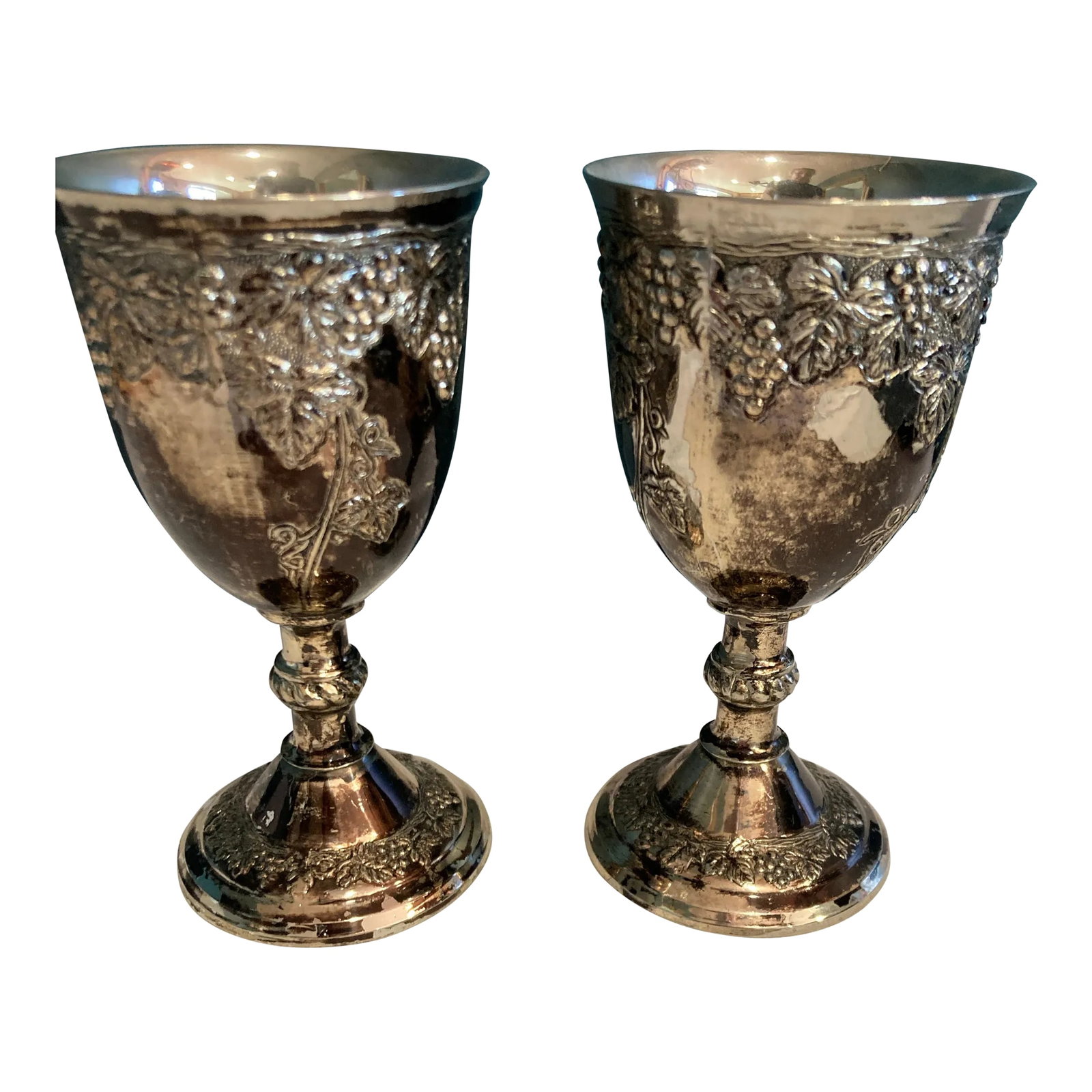 Vintage Silverplate Grape Goblets- Set of 2: These beautiful goblets have raised gapes and grapevines. Condition: Alterations: Original Condition Unaltered Imperfections: Some Imperfections Condition Notes: Tarnish to the silver Origin: United