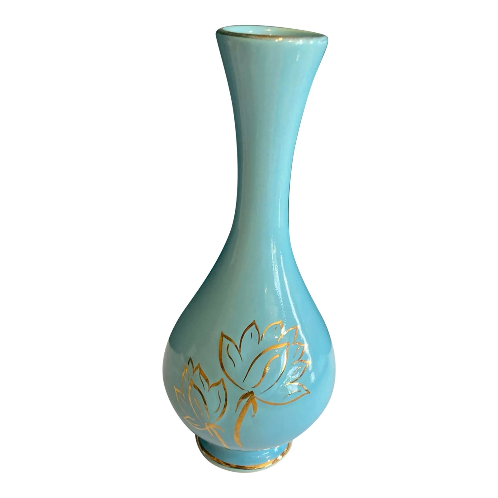 Vintage Robins Egg Blue Vase With 22k Gold Inlay: Elevate your interior with this exquisite vintage 22k gold lotus leaf vase, adorned with delicate gold detailing on a soft blue glaze. A cherished piece among vintage finds, this mid-century-inspired