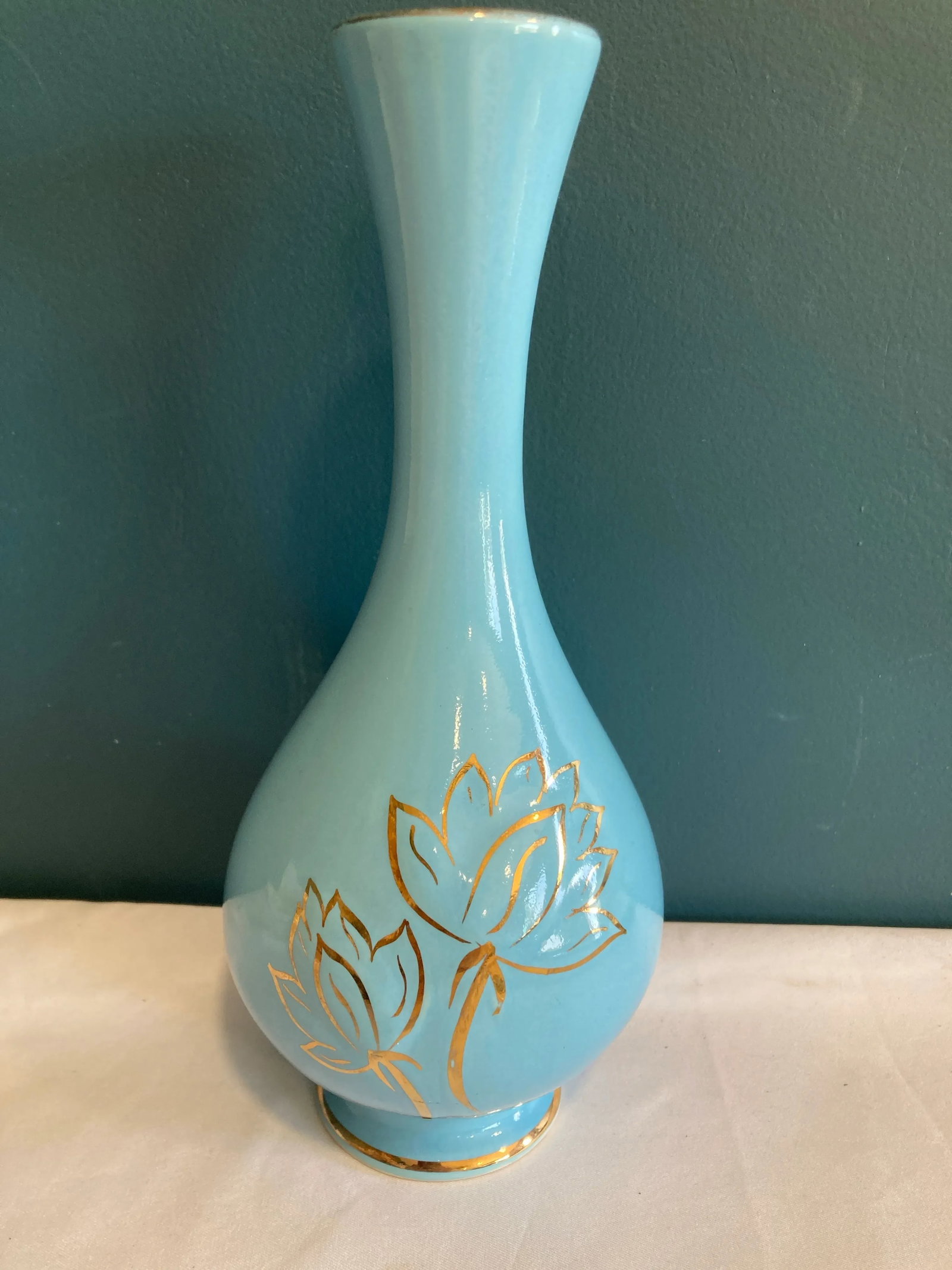 Vintage Robins Egg Blue Vase With 22k Gold Inlay - 2
