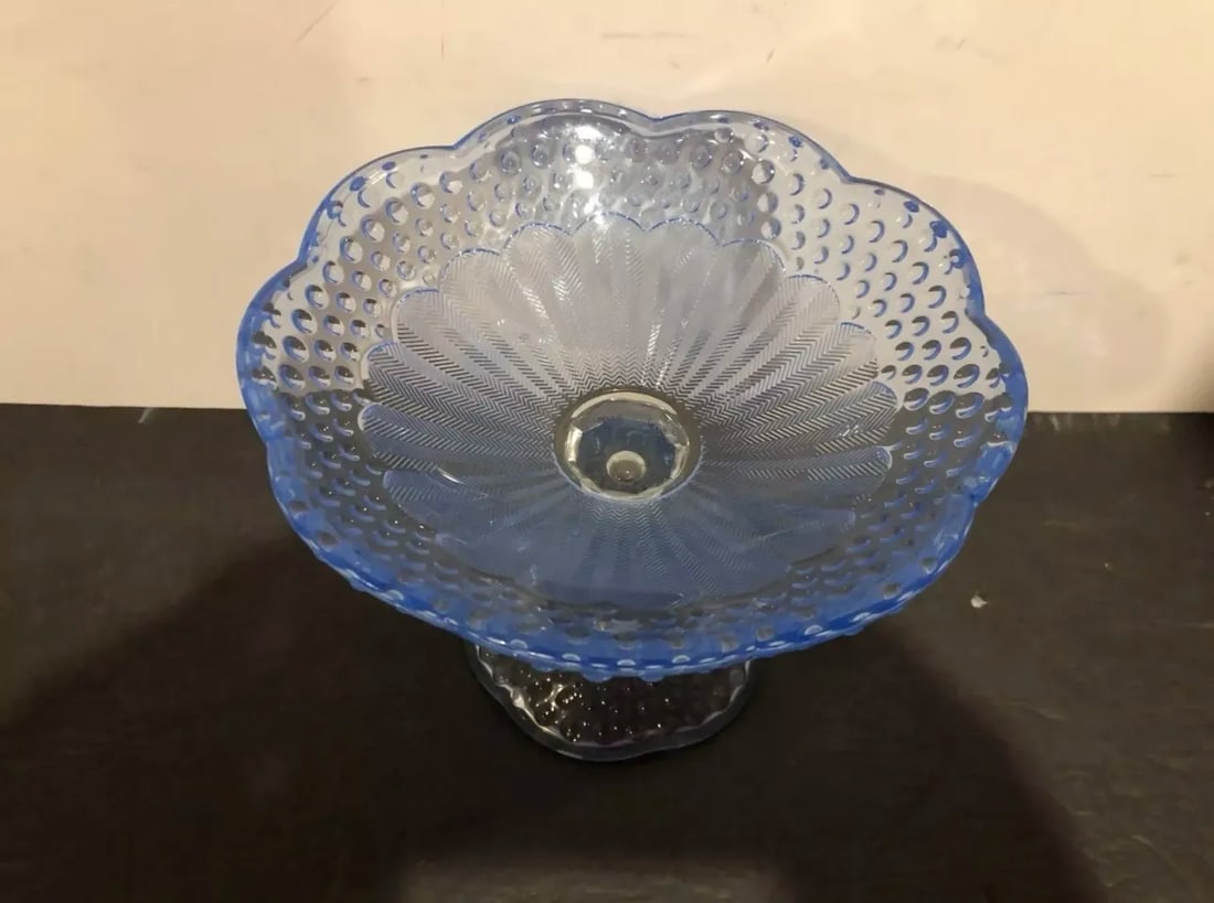 Gorham Crystal Emily's Attic Blue Round Compote Candy Dish Hobnail - 2