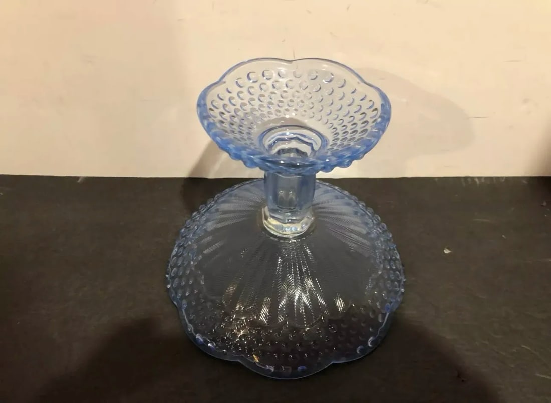 Gorham Crystal Emily's Attic Blue Round Compote Candy Dish Hobnail - 3