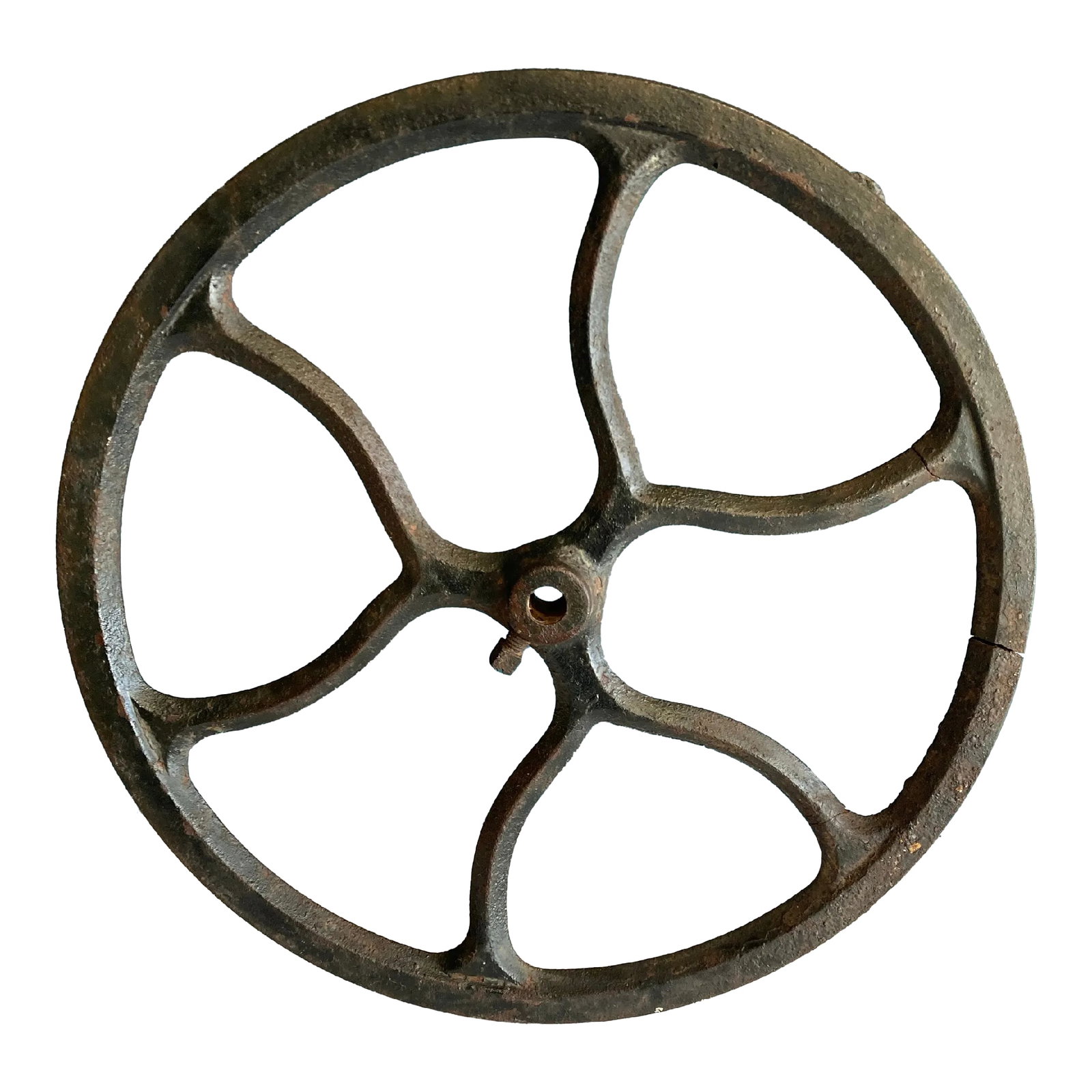 Antique Cast Iron Wheel Decor Salvage: Antique Cast iron wheel. It has a groove for a pulley. Condition: Alterations: Original Condition Unaltered Imperfections: Some Imperfections Condition Notes: Rust and crack to cast iron Origin: