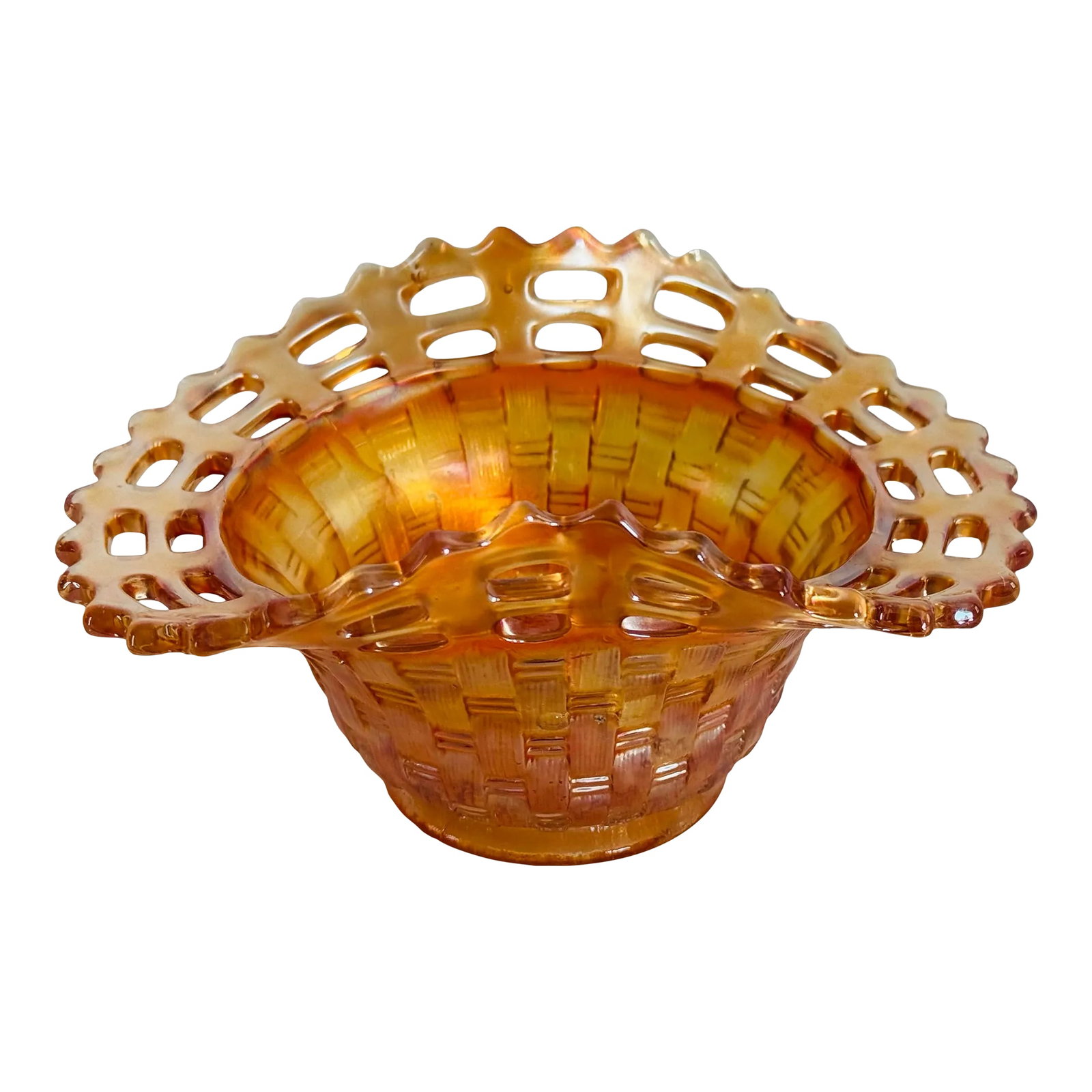 1910s Fenton Marigold Carnival Glass Blackberry Basketweave Bowl: Fenton Marigold Carnival Glass Blackberry Basketweave Bowl. Beautiful open weave design on the edge of the bowl. No marks. Condition: Alterations: Original Condition Unaltered Imperfections: Some