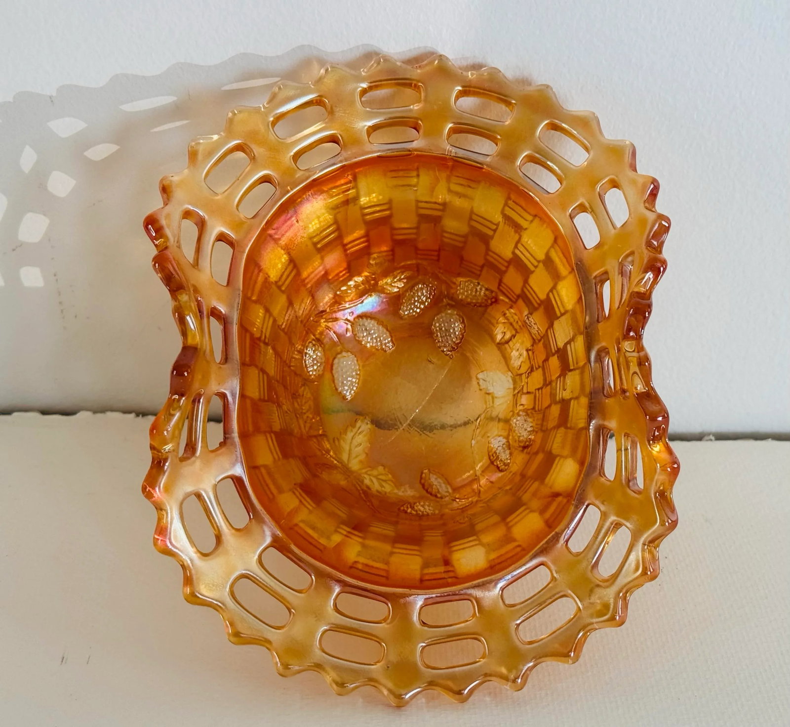 1910s Fenton Marigold Carnival Glass Blackberry Basketweave Bowl - 4