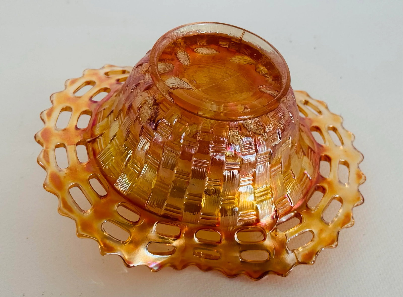 1910s Fenton Marigold Carnival Glass Blackberry Basketweave Bowl - 5