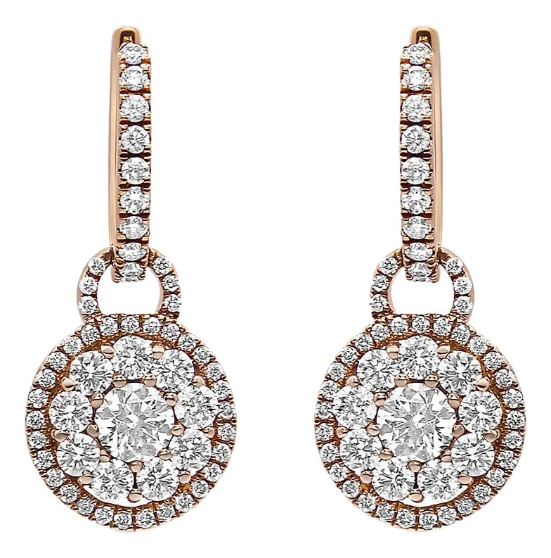 18K Rose Gold 1 1/2 Cttw Round Shaped Diamond Composite Drop and Dangle Leverback Earrings (F-G Colo: Timeless and elegant, these diamond drop earrings are the perfect complement to that special evening look. Created from vibrant 18K rose gold, each earring features a flower-shaped composite of