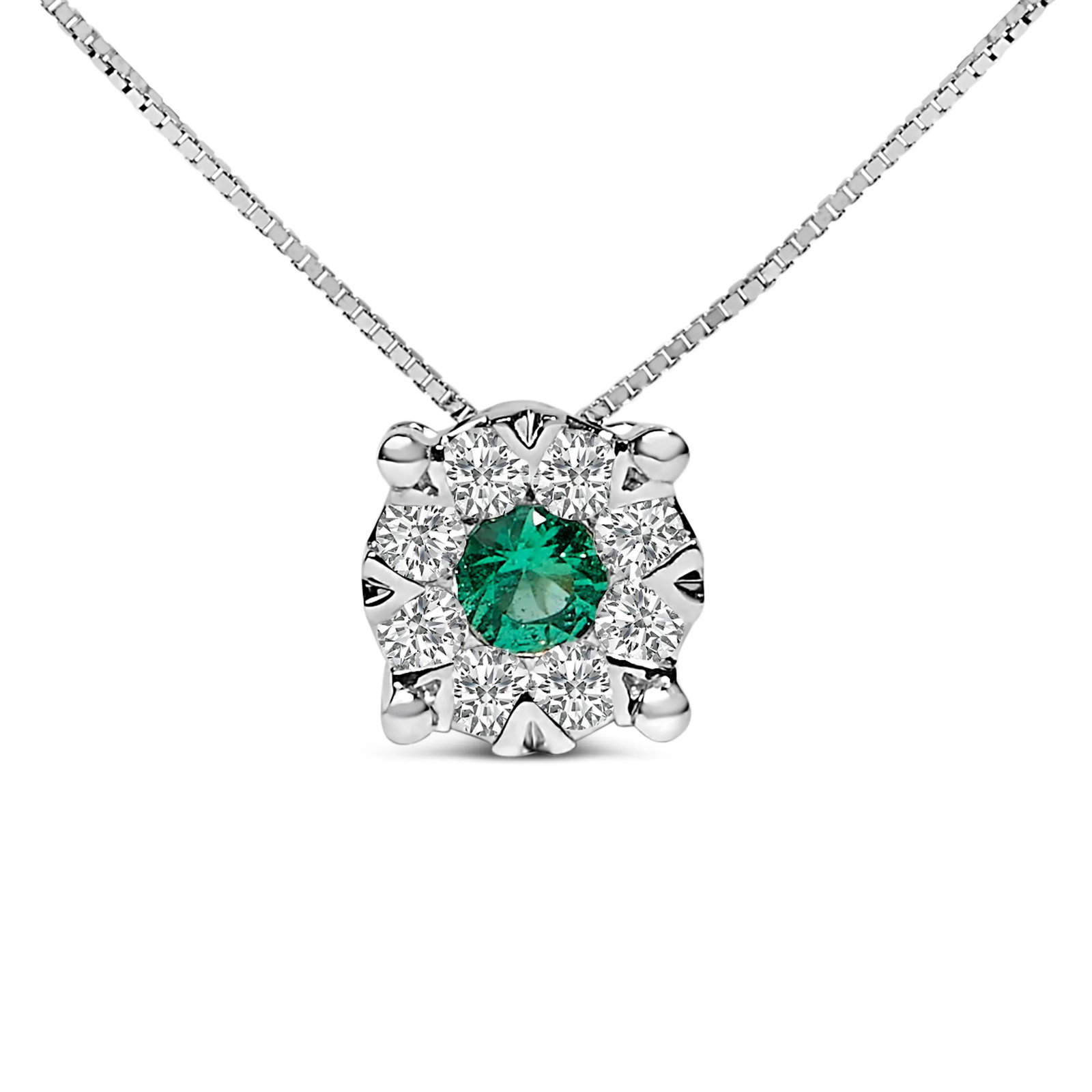 14K White Gold 3.8 MM Green Emerald and 1/3 Cttw Diamond Composite Halo 18" Pendant Necklace (F-G Co: Draped in the elegance of 14K white gold, this pendant necklace is a masterpiece designed to captivate and charm. At its heart lies a naturally sourced, untreated 3.8 mm green emerald, its vibrant
