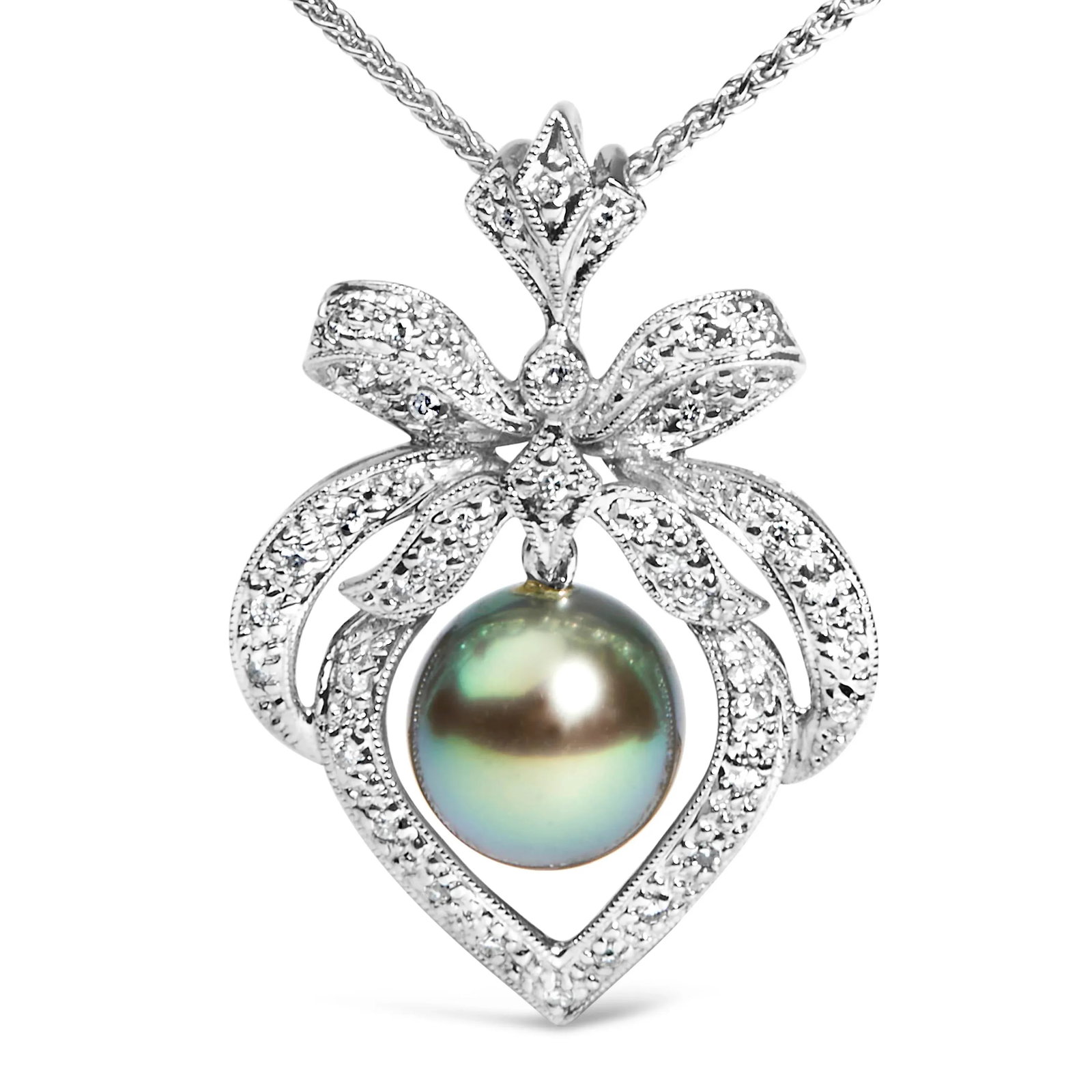 18K 3/4 Cttw Diamond and 12.5 MM Cultured Black Tahitian Pearl Heart Pendant Necklace (G-H Color, SI - 2
