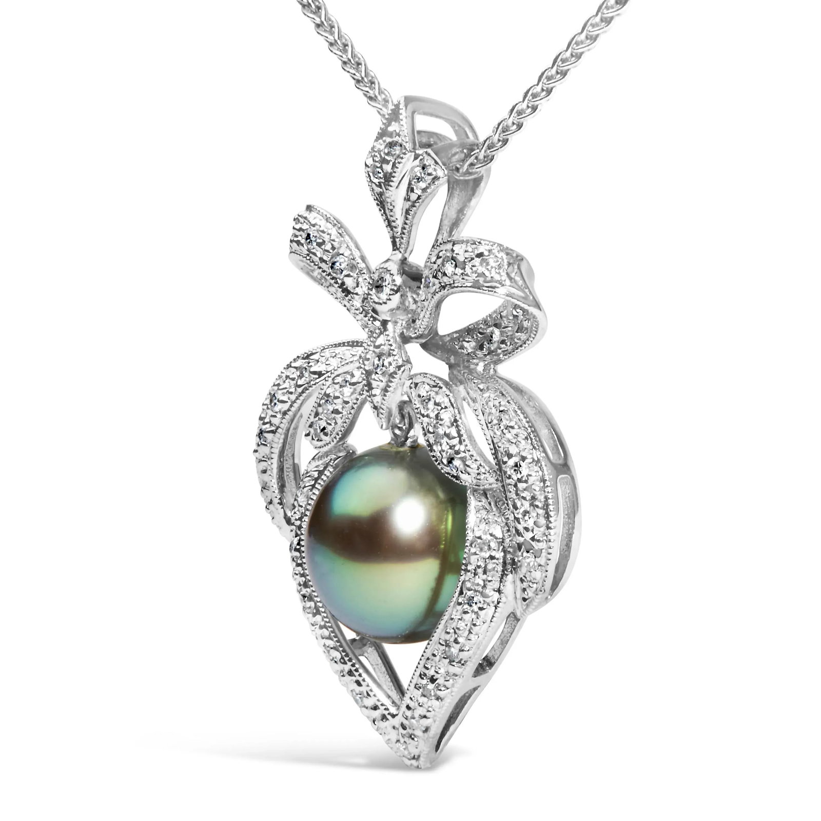 18K 3/4 Cttw Diamond and 12.5 MM Cultured Black Tahitian Pearl Heart Pendant Necklace (G-H Color, SI - 3