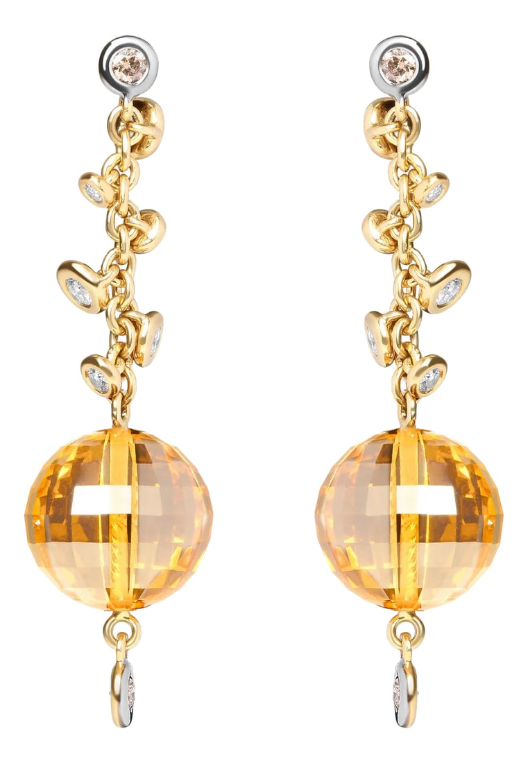 18K Yellow Gold 2/3 Cttw Round Bezel Diamond and 25mm Ball Shaped Yellow Citrine Gemstone Dangle Stu: These 18k yellow gold dangle earrings possess a great movement that twinkles in the light as you move about and flash your style. Stationed at the top of the upper dangle and at the very bottom are