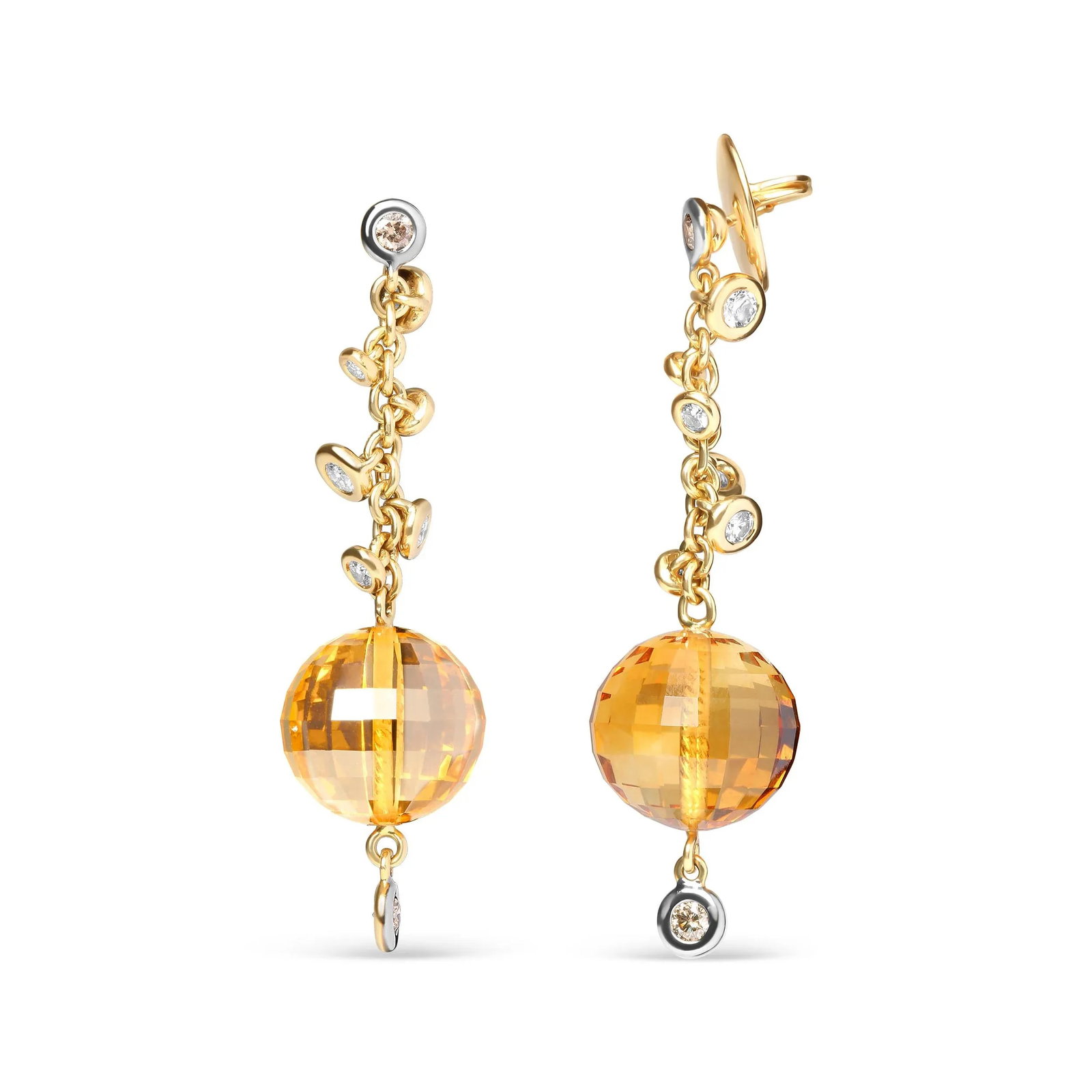 18K Yellow Gold 2/3 Cttw Round Bezel Diamond and 25mm Ball Shaped Yellow Citrine Gemstone Dangle Stu - 2