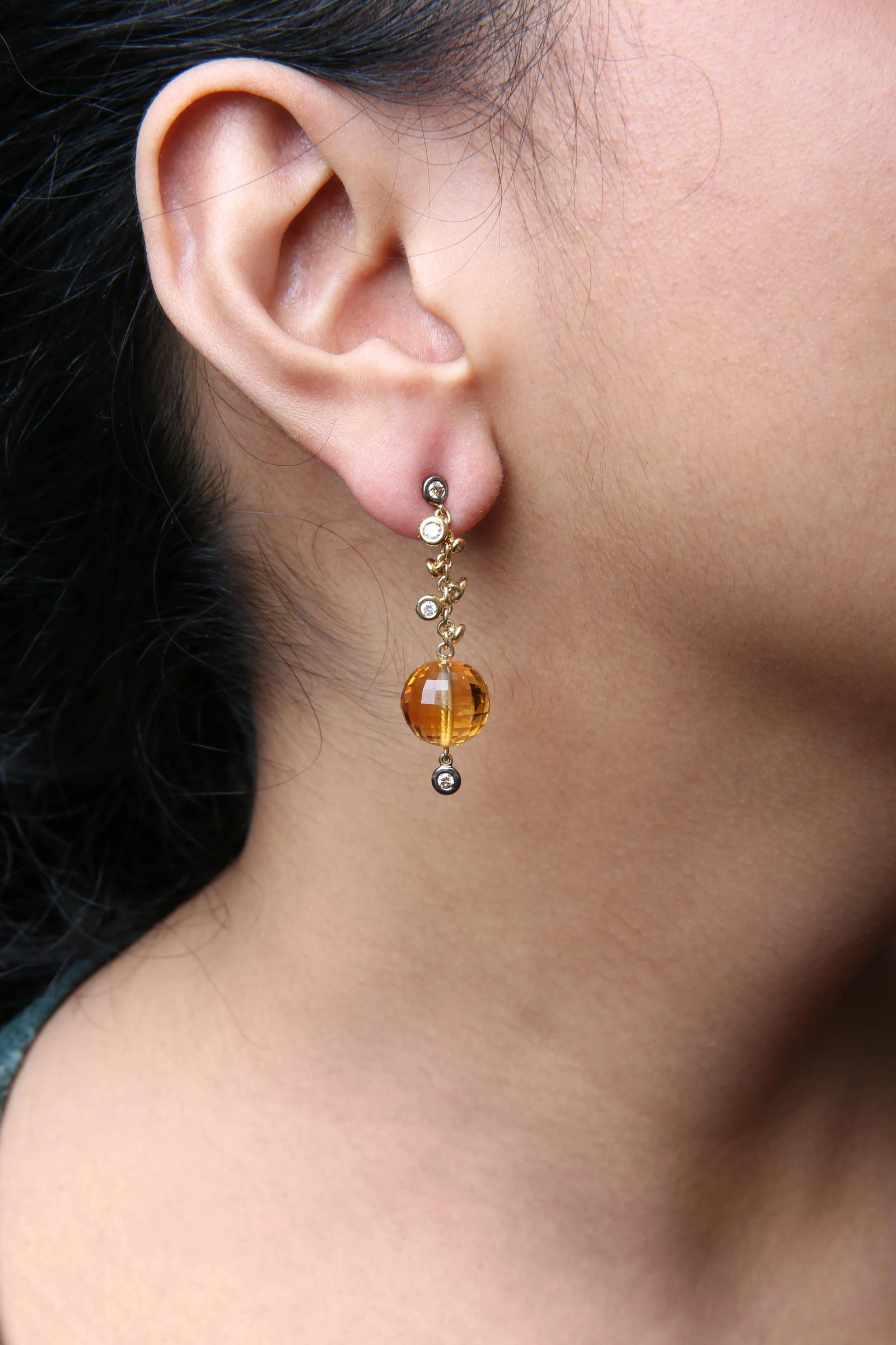 18K Yellow Gold 2/3 Cttw Round Bezel Diamond and 25mm Ball Shaped Yellow Citrine Gemstone Dangle Stu - 5