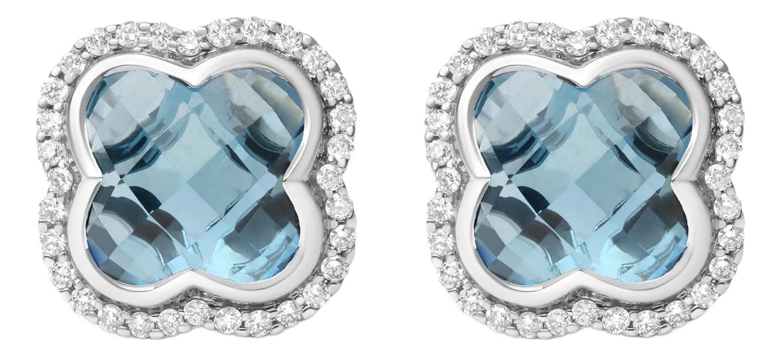 18K White Gold 3/8 Cttw Diamond and 11x11mm Clover-Cut London Blue Topaz Gemstone Halo Clover Stud E: You will flip for these studs cast in genuine 18k white gold in a luck-bringing clover motif. The 11x11mm clover-cut London blue topaz gemstones in a stone-enhancing invisible setting. This natural