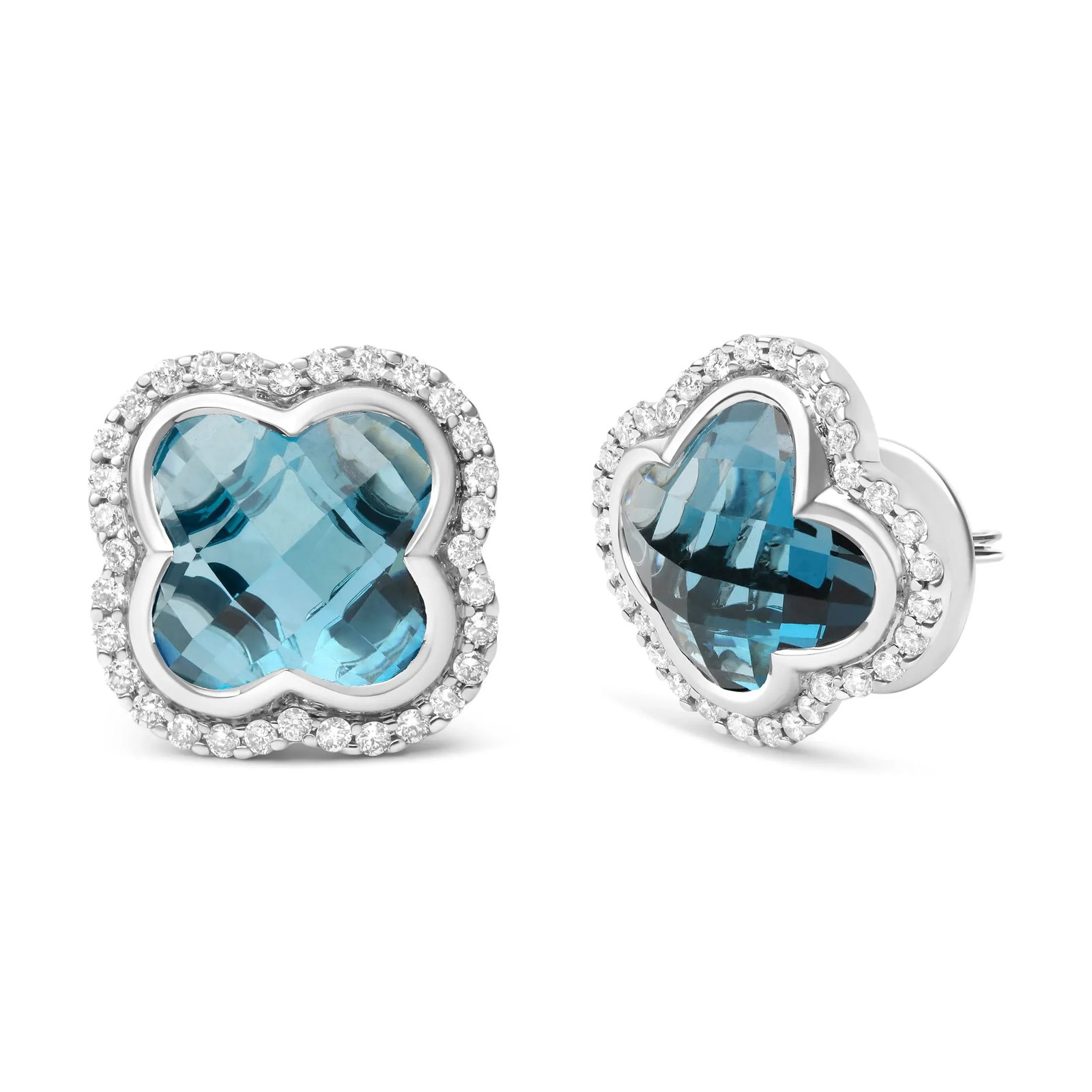 18K White Gold 3/8 Cttw Diamond and 11x11mm Clover-Cut London Blue Topaz Gemstone Halo Clover Stud E - 2