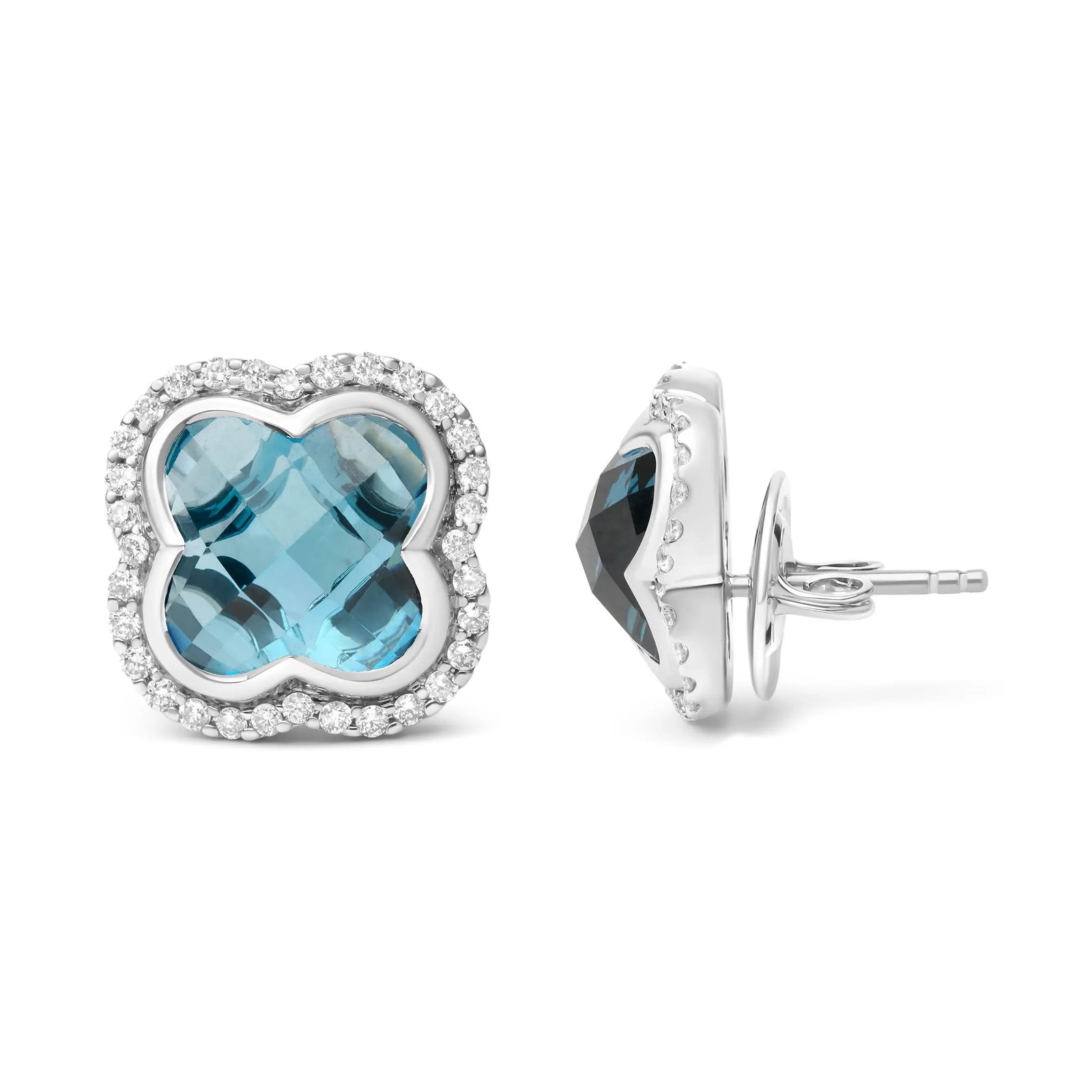 18K White Gold 3/8 Cttw Diamond and 11x11mm Clover-Cut London Blue Topaz Gemstone Halo Clover Stud E - 3