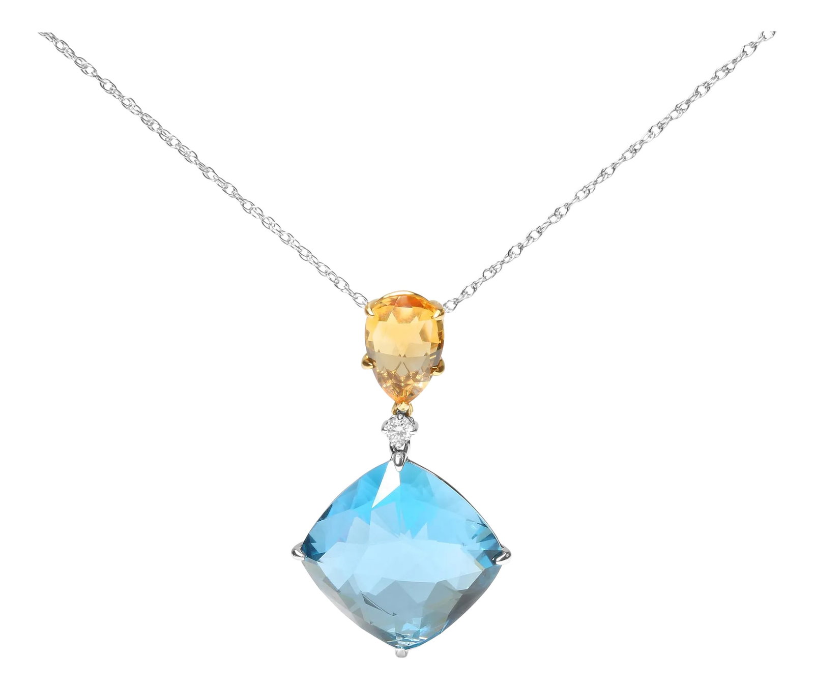 18K White and Yellow Gold Diamond Accent and Yellow Citrine and Sky Blue Topaz Gemstone Dangle Drop: Unleash your inner goddess wearing this marvelous pendant necklace made from genuine 18k white and yellow gold with natural gemstones. At the bail nestled a radiant 1.2mm pear-cut heat-treated yellow 